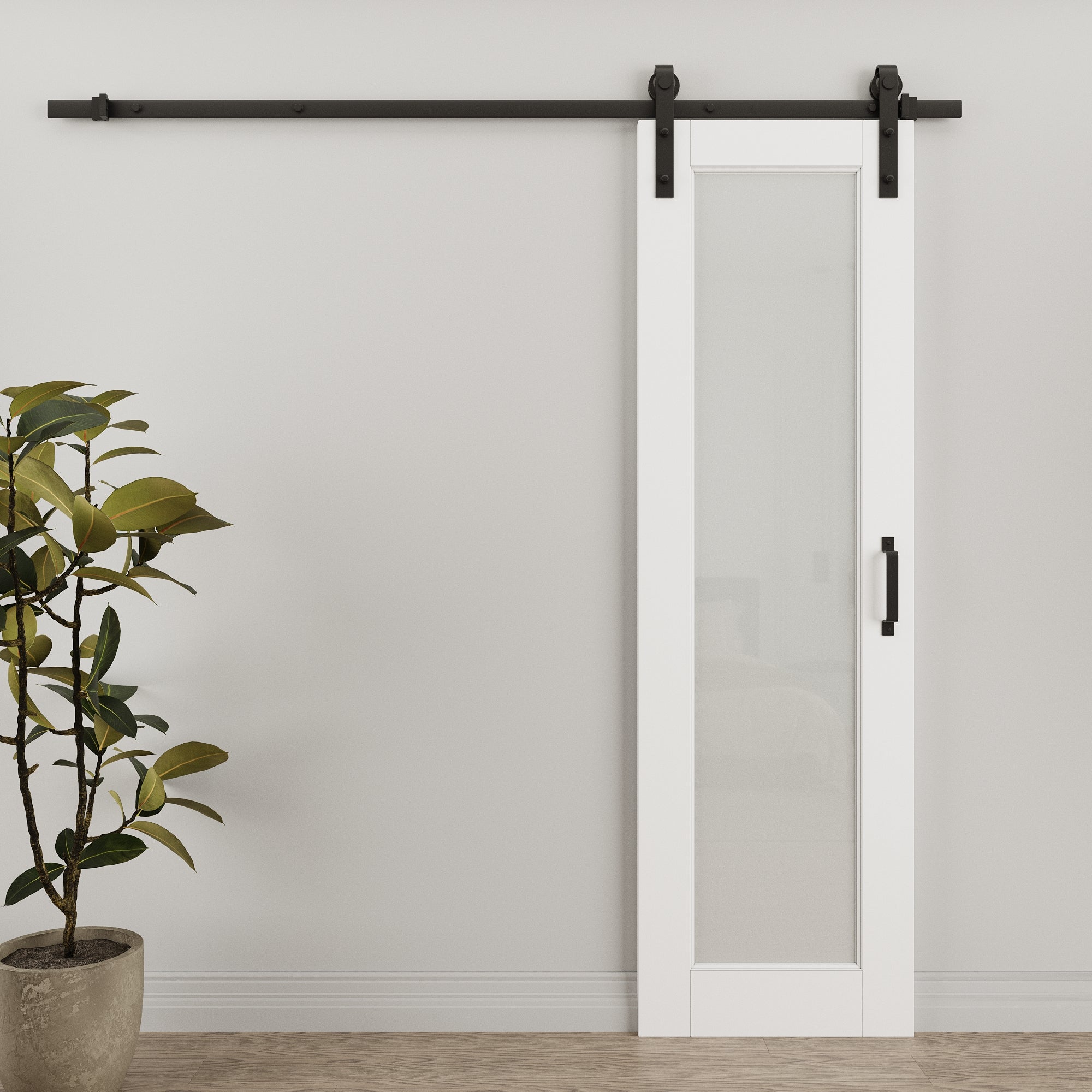 Ark Design 1-Lite Tempered Frosted Glass White Primed MDF Composite Sliding Barn Door with Hardware Kit