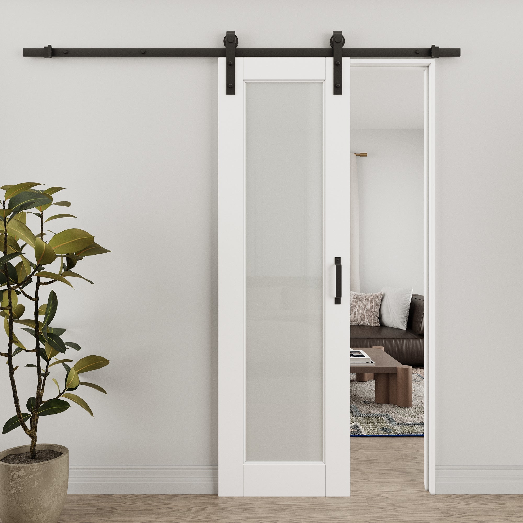 Ark Design 1-Lite Tempered Frosted Glass White Primed MDF Composite Sliding Barn Door with Hardware Kit