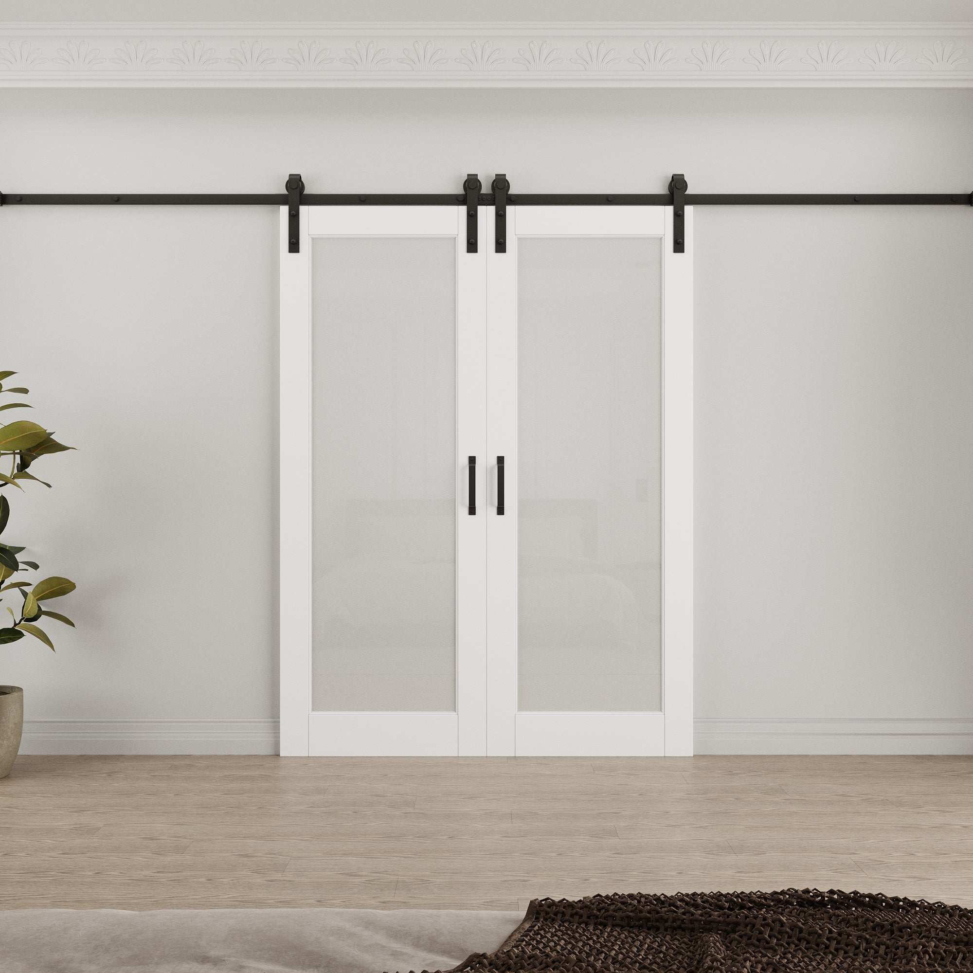 Ark Design 1-Lite Tempered Frosted Glass White Primed MDF Composite Double Sliding Barn Door with Hardware Kit