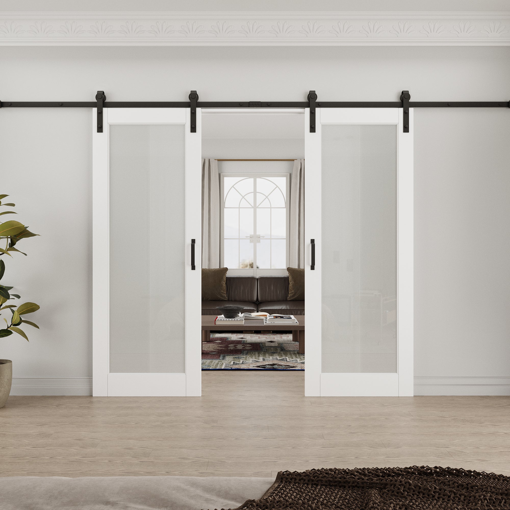 Ark Design 1-Lite Tempered Frosted Glass White Primed MDF Composite Double Sliding Barn Door with Hardware Kit