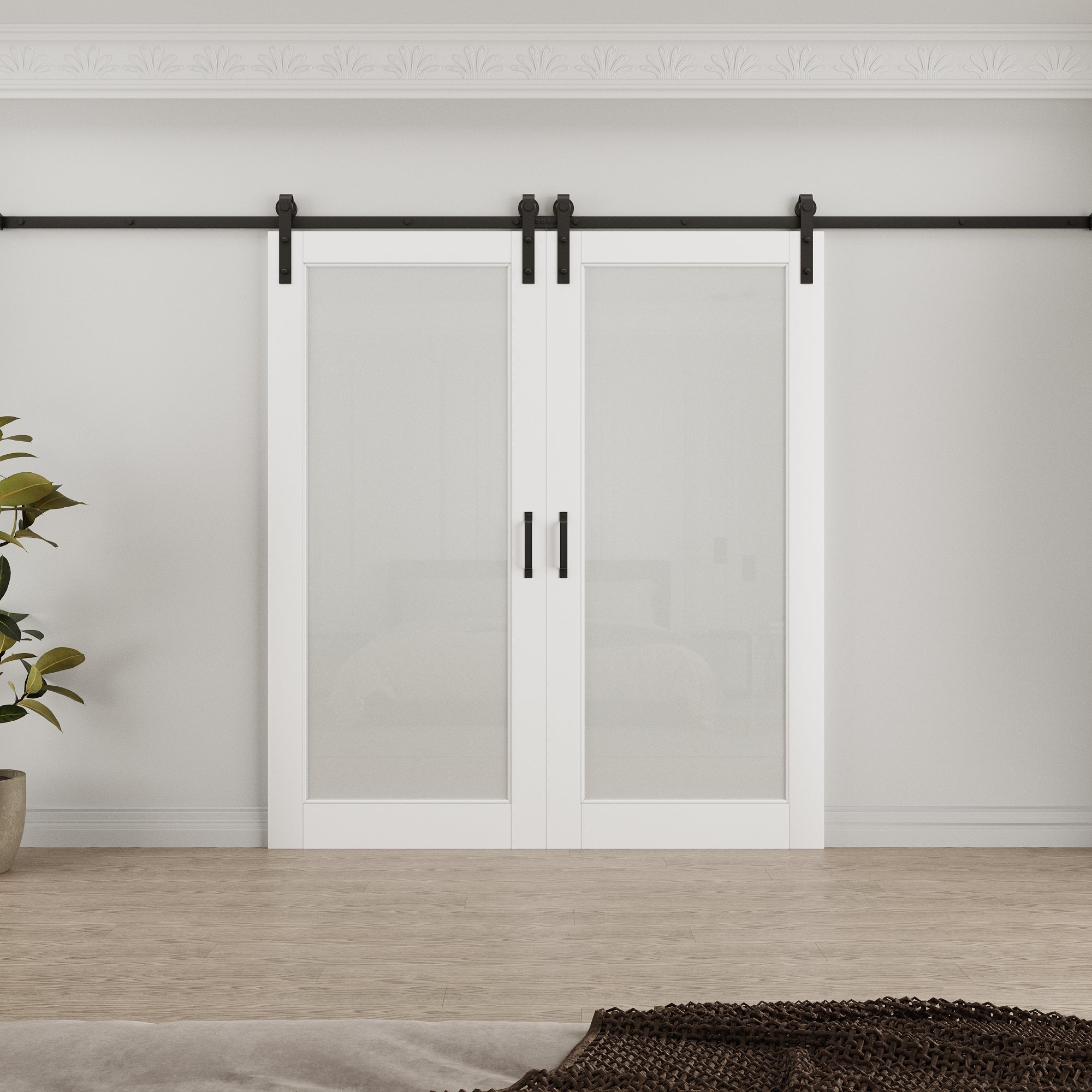 Ark Design 1-Lite Tempered Frosted Glass White Primed MDF Composite Double Sliding Barn Door with Hardware Kit