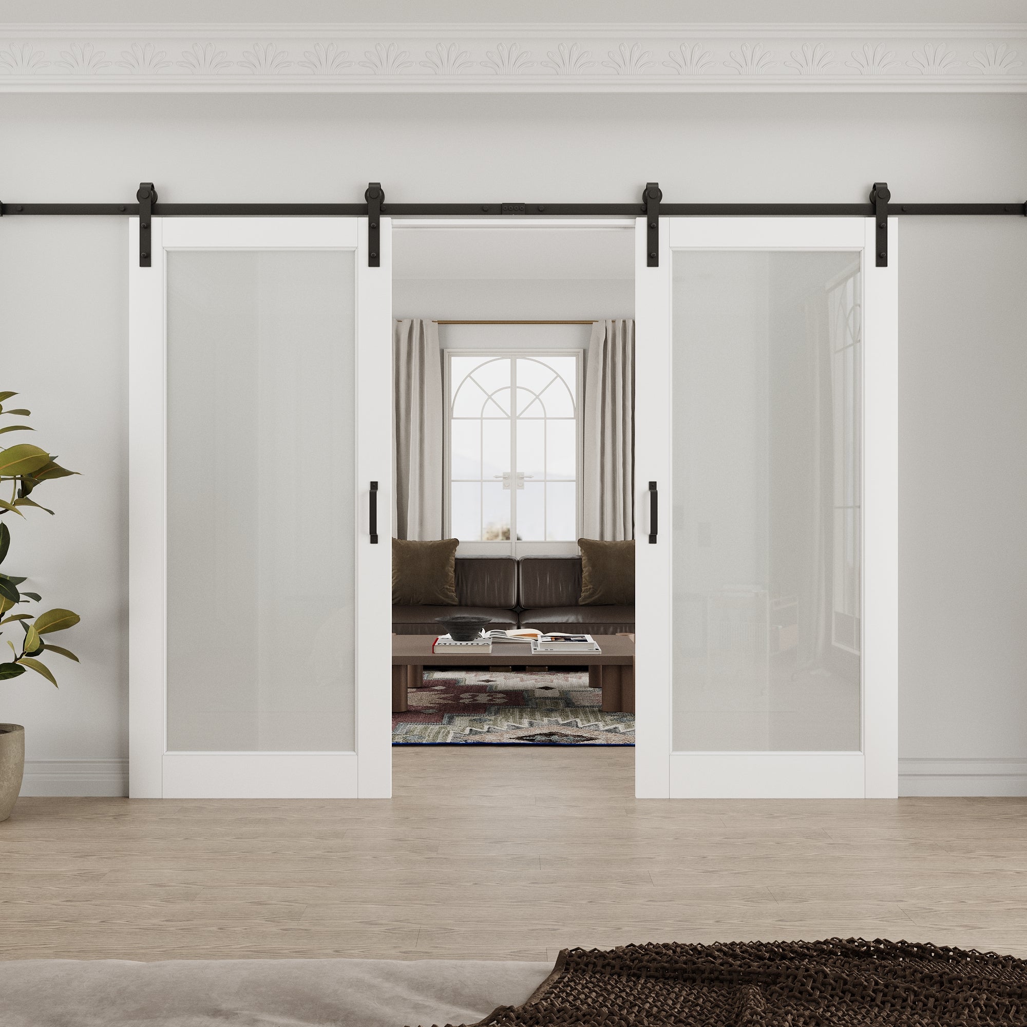 Ark Design 1-Lite Tempered Frosted Glass White Primed MDF Composite Double Sliding Barn Door with Hardware Kit