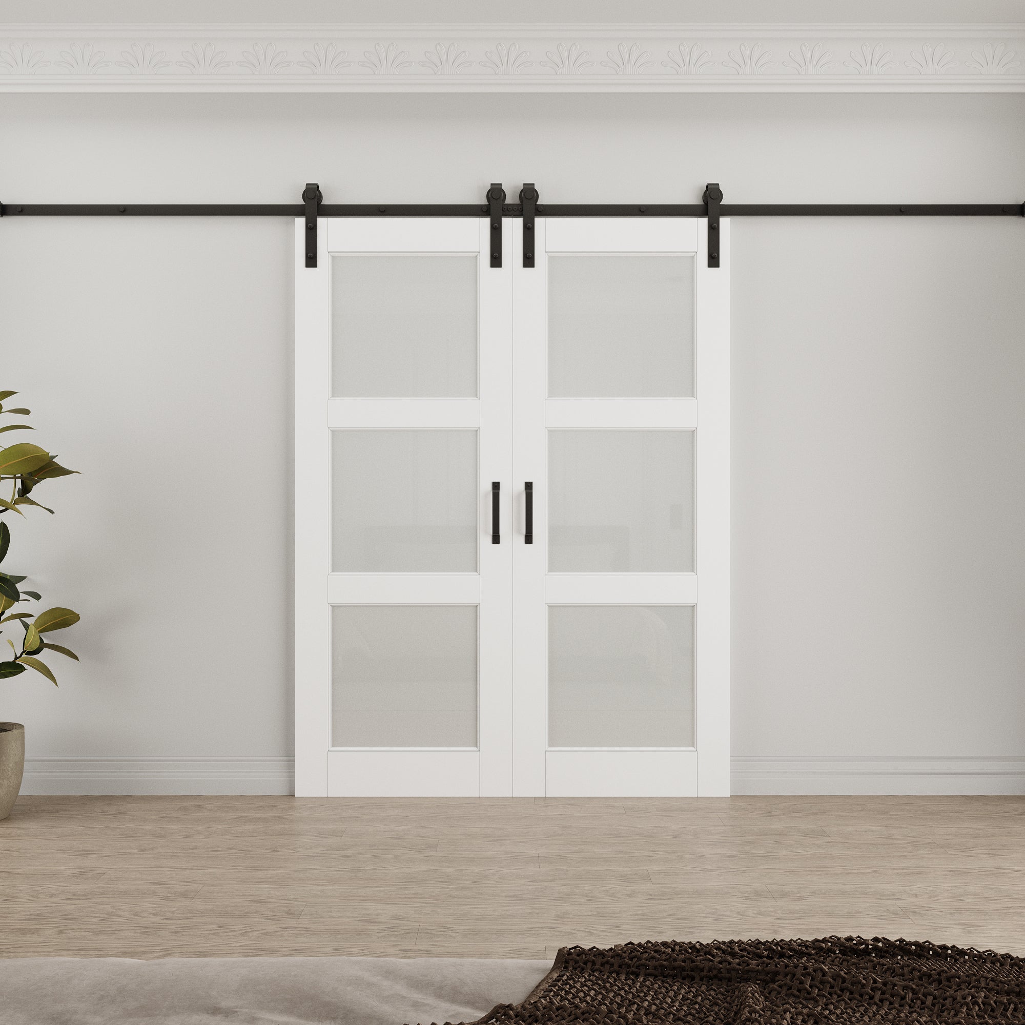 Ark Design 3-Lite Tempered Frosted Glass White Primed MDF Composite Double Sliding Barn Door with Hardware Kit