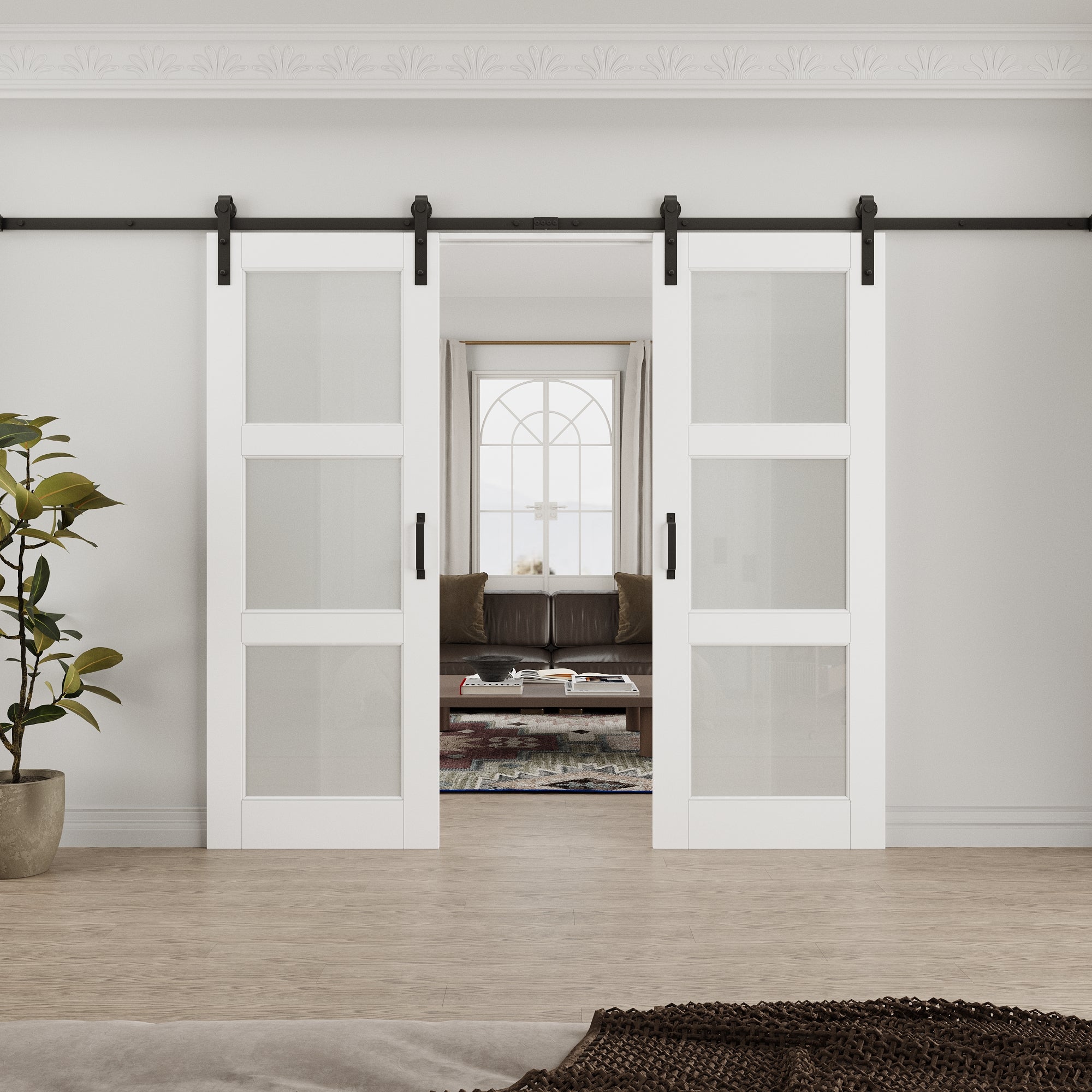 Ark Design 3-Lite Tempered Frosted Glass White Primed MDF Composite Double Sliding Barn Door with Hardware Kit