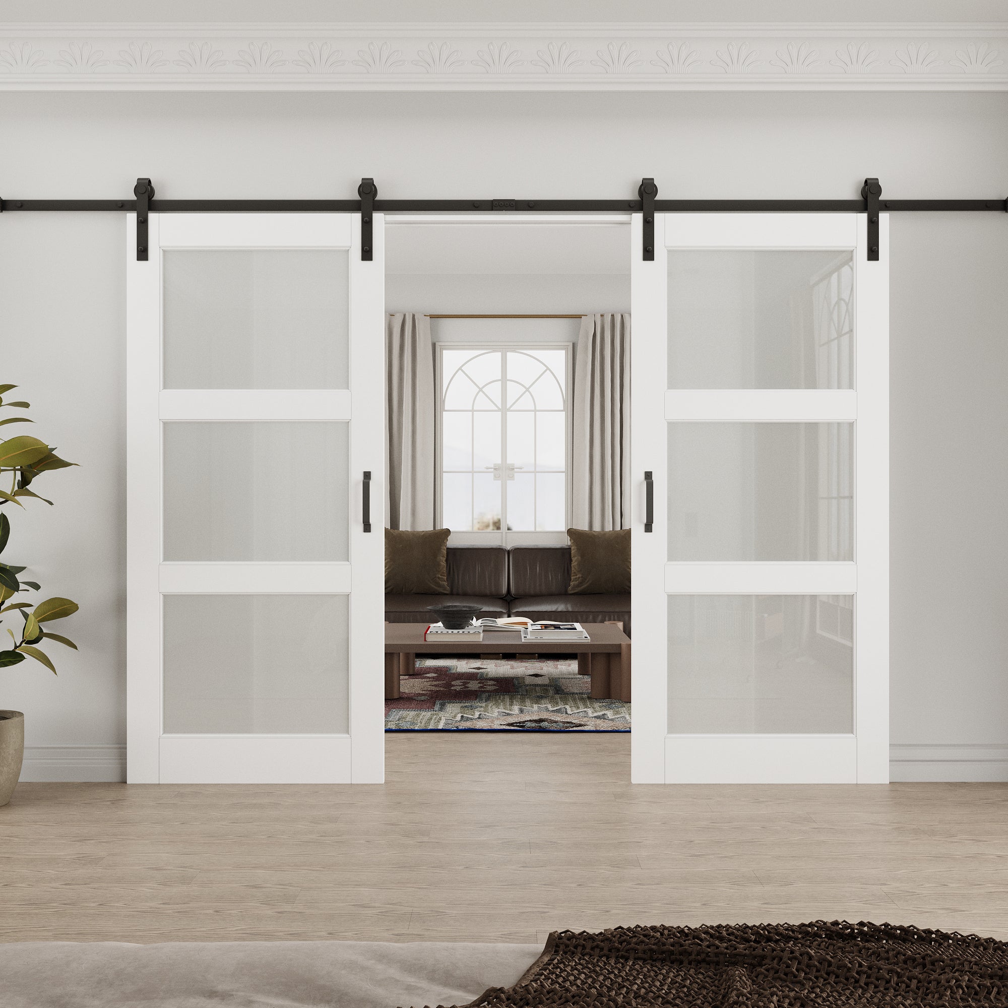 Ark Design 3-Lite Tempered Frosted Glass White Primed MDF Composite Double Sliding Barn Door with Hardware Kit