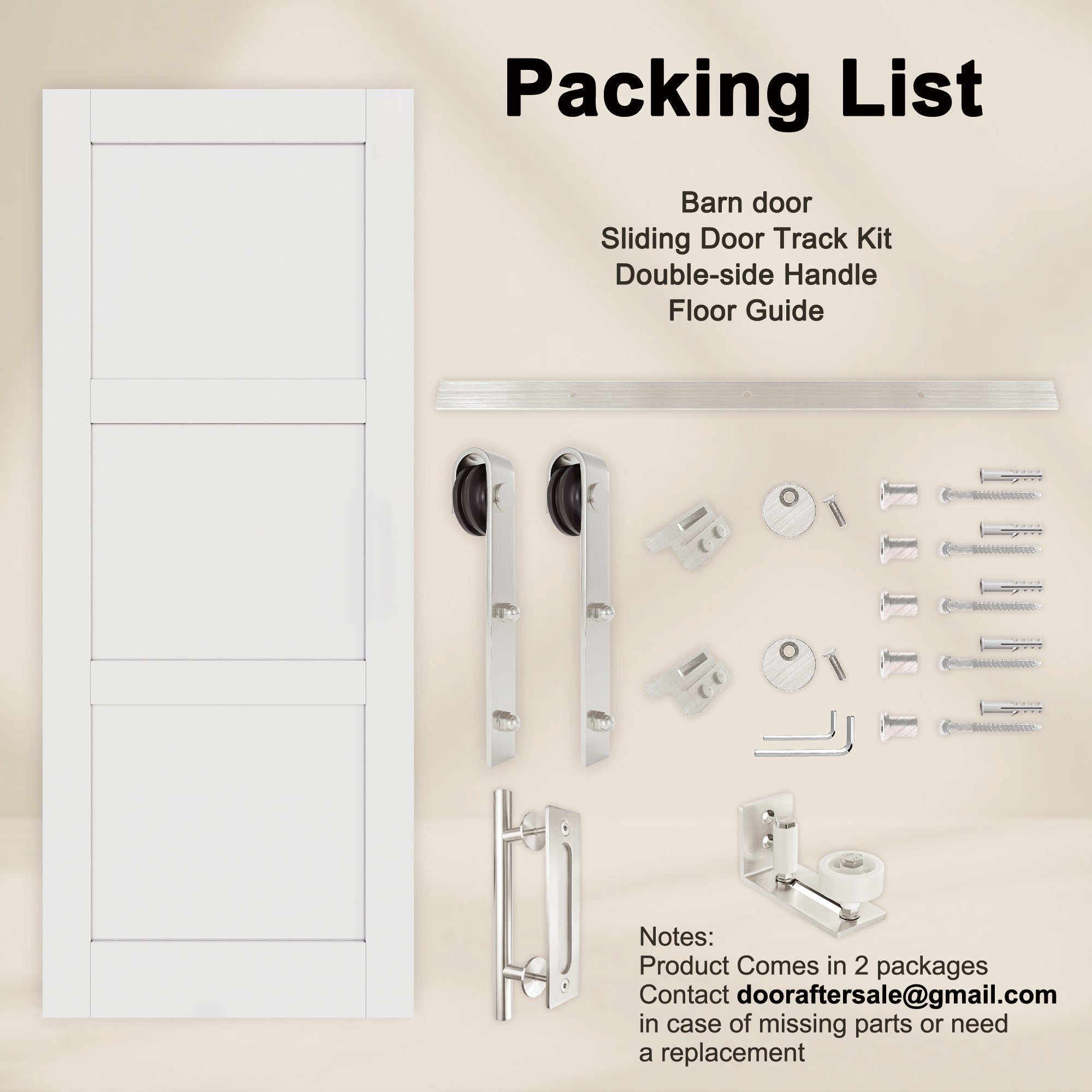 Ark Design 3-Lite Panel White Primed Paneled MDF Sliding Barn Door with brushed nickle barn door hardware Kit