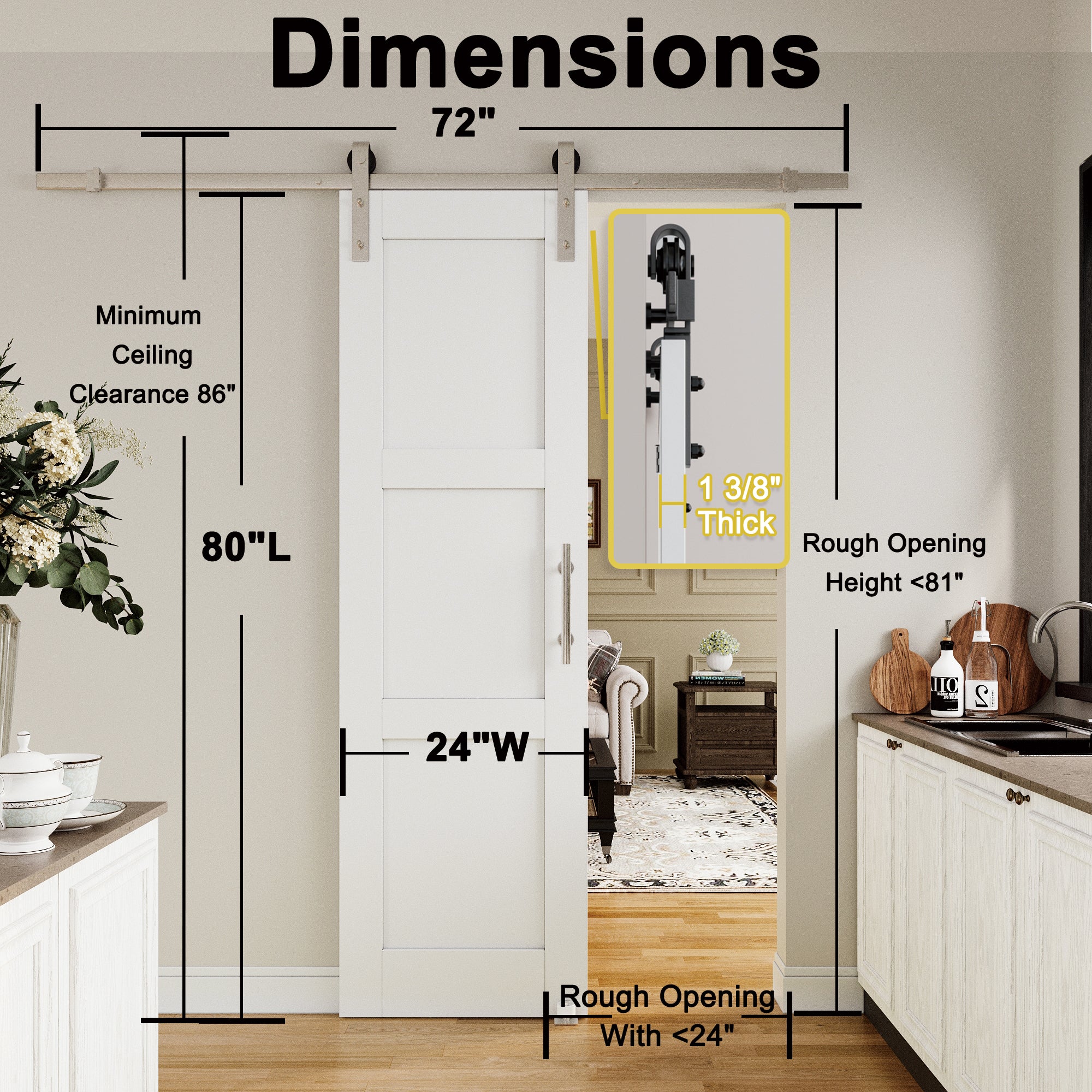 Ark Design 3-Lite Panel White Primed Paneled MDF Sliding Barn Door with brushed nickle barn door hardware Kit