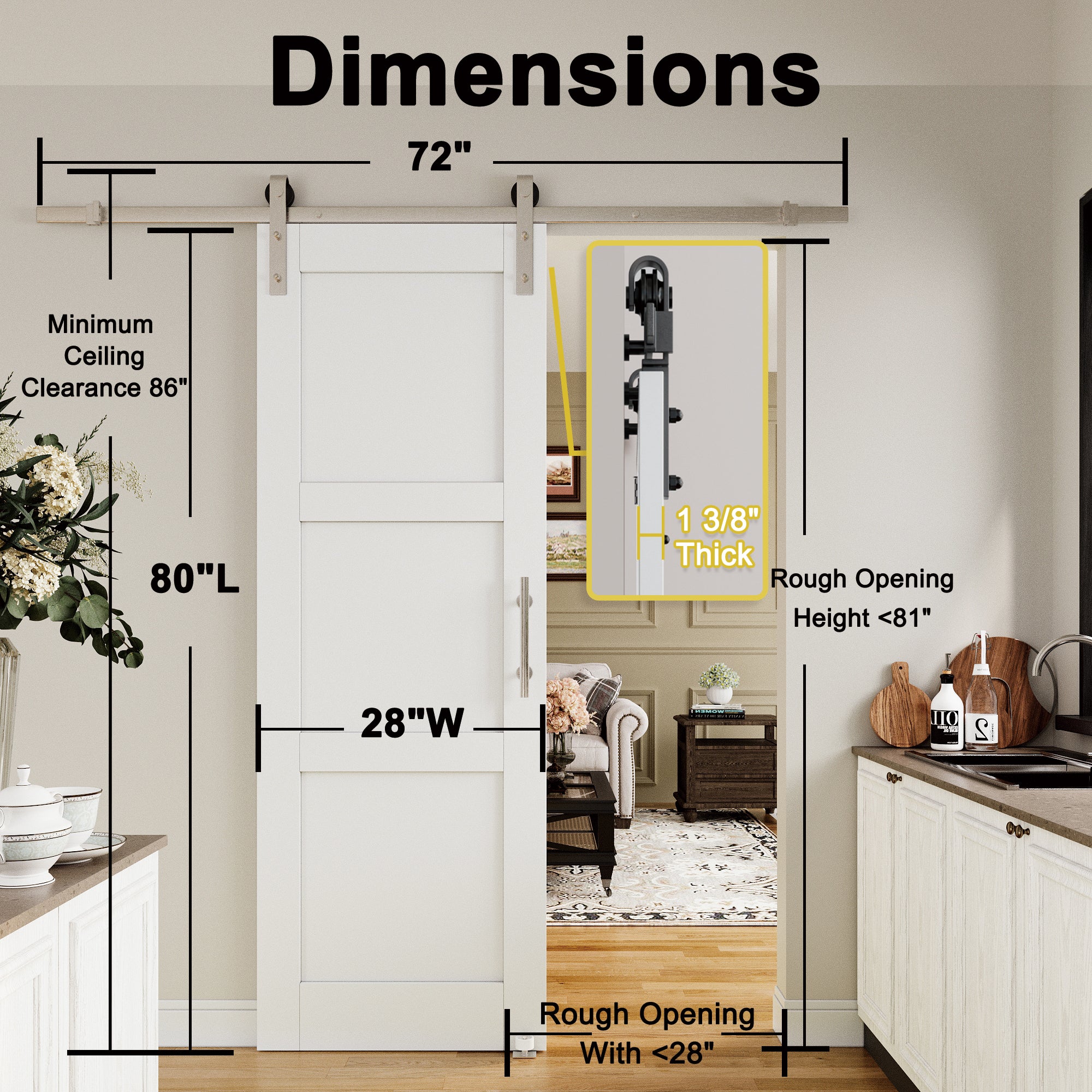 Ark Design 3-Lite Panel White Primed Paneled MDF Sliding Barn Door with brushed nickle barn door hardware Kit