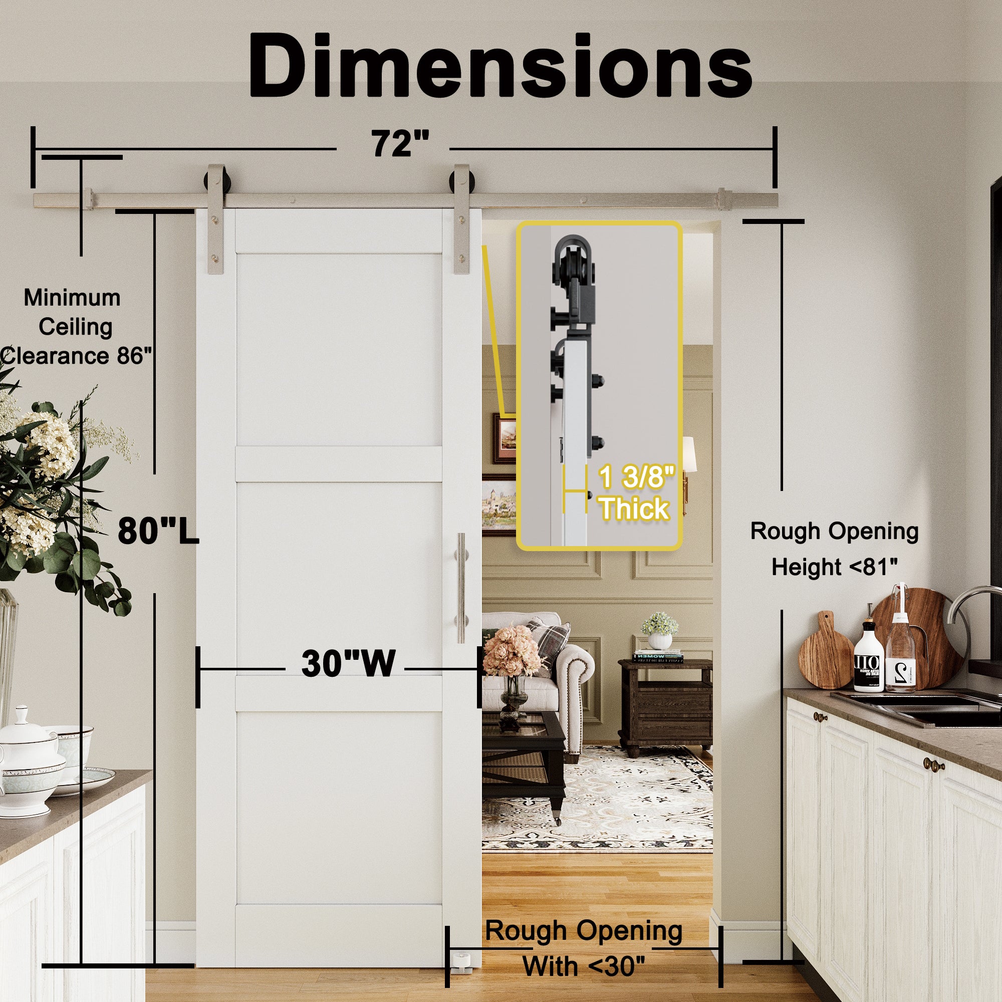 Ark Design 3-Lite Panel White Primed Paneled MDF Sliding Barn Door with brushed nickle barn door hardware Kit