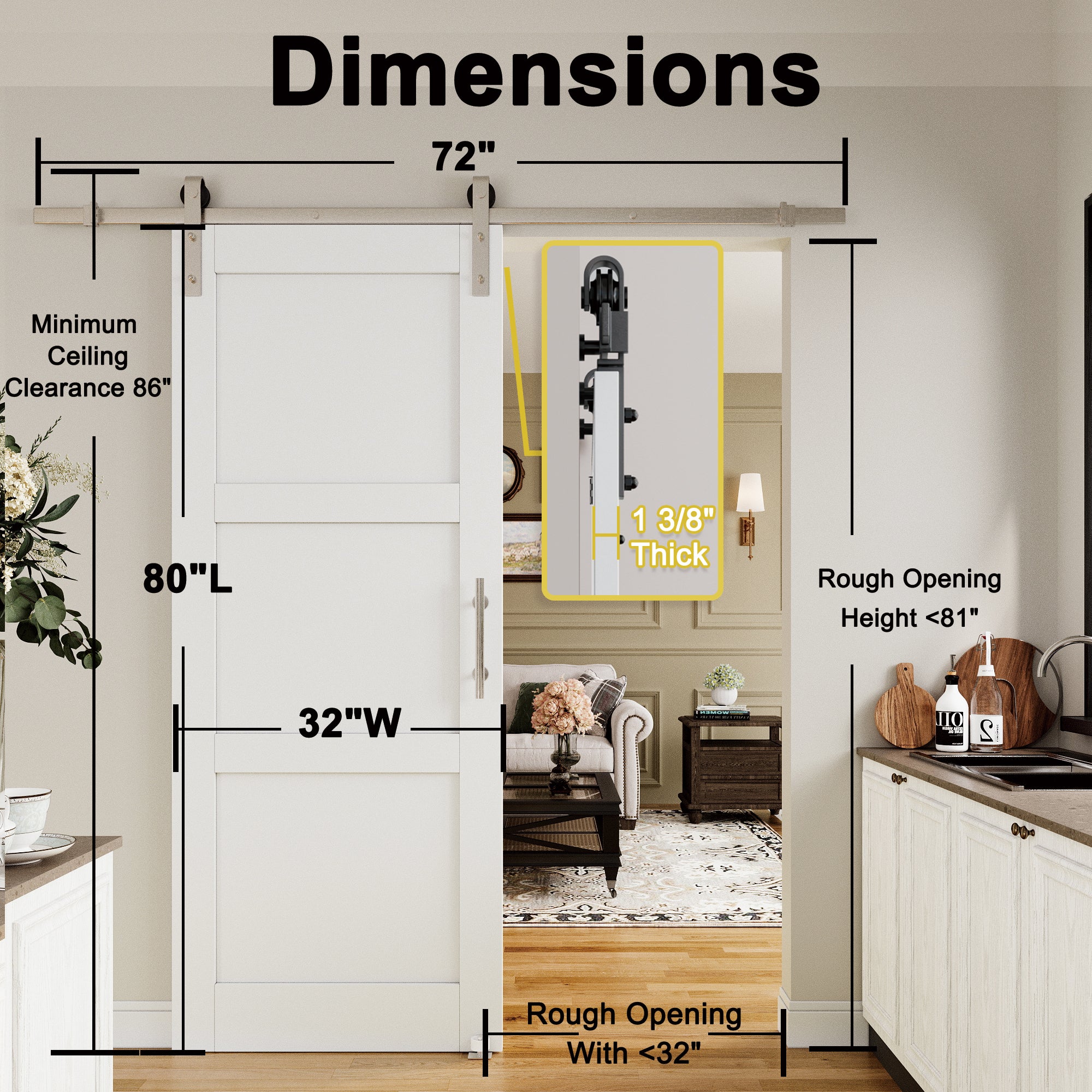 Ark Design 3-Lite Panel White Primed Paneled MDF Sliding Barn Door with brushed nickle barn door hardware Kit