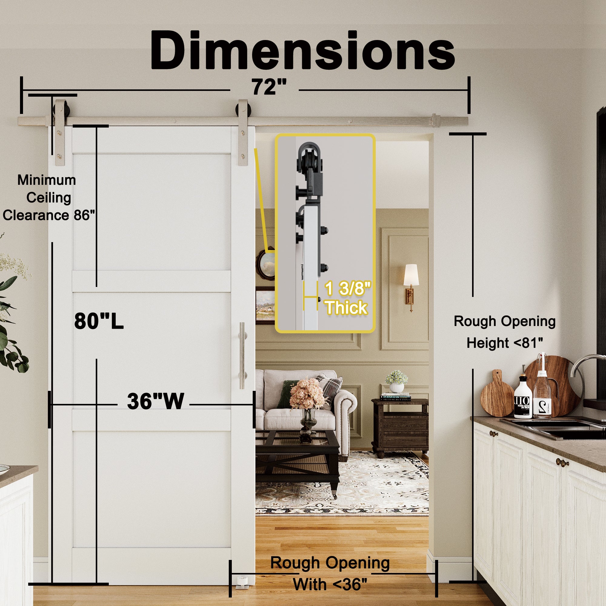 Ark Design 3-Lite Panel White Primed Paneled MDF Sliding Barn Door with brushed nickle barn door hardware Kit