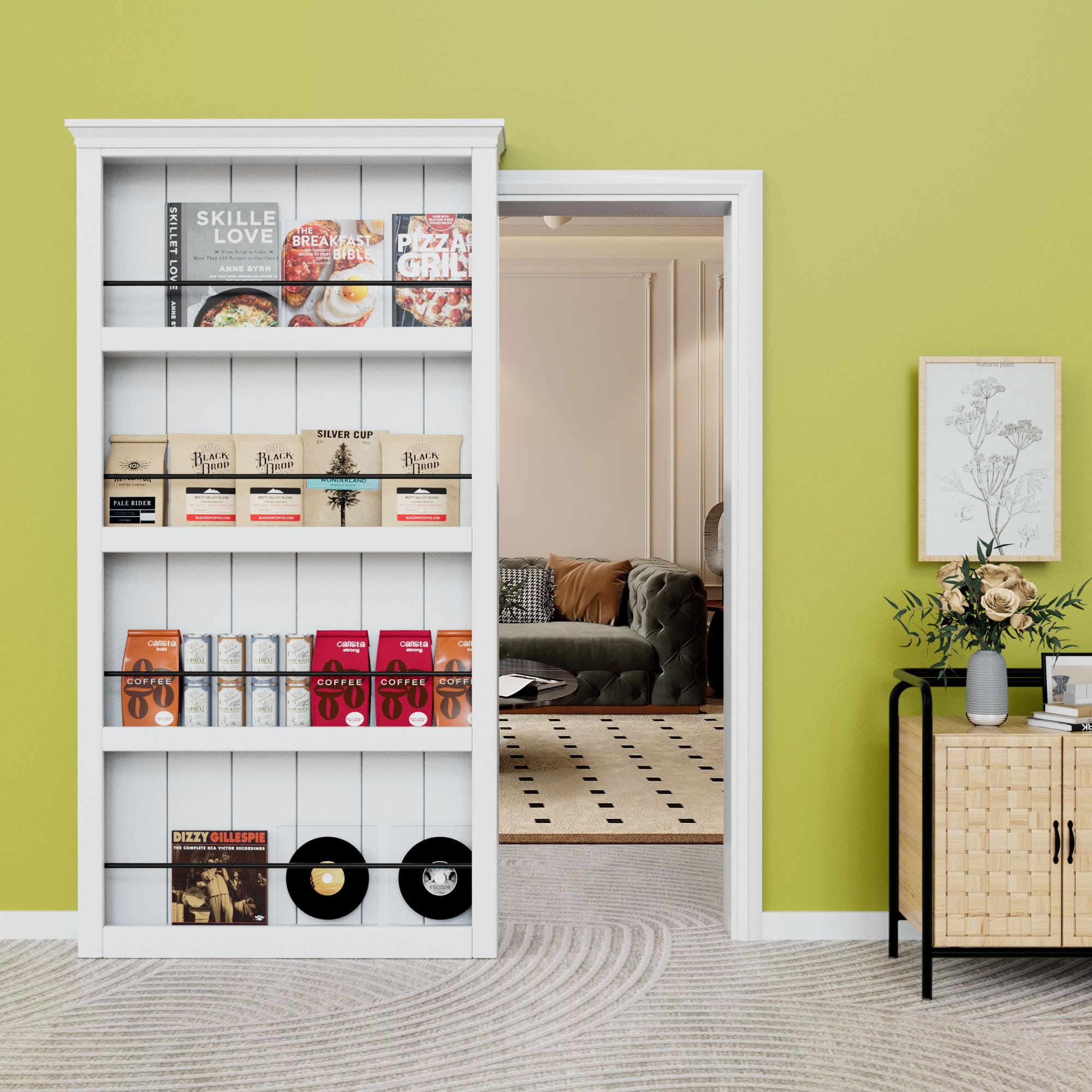 Ark Design Ghost Sliding Barn Door and Hardware Kit & Soft Close & Moulding Top, 4 Shelves Concealed Barn Door, MDF Hidden Doors, White Primed, Assembly Required