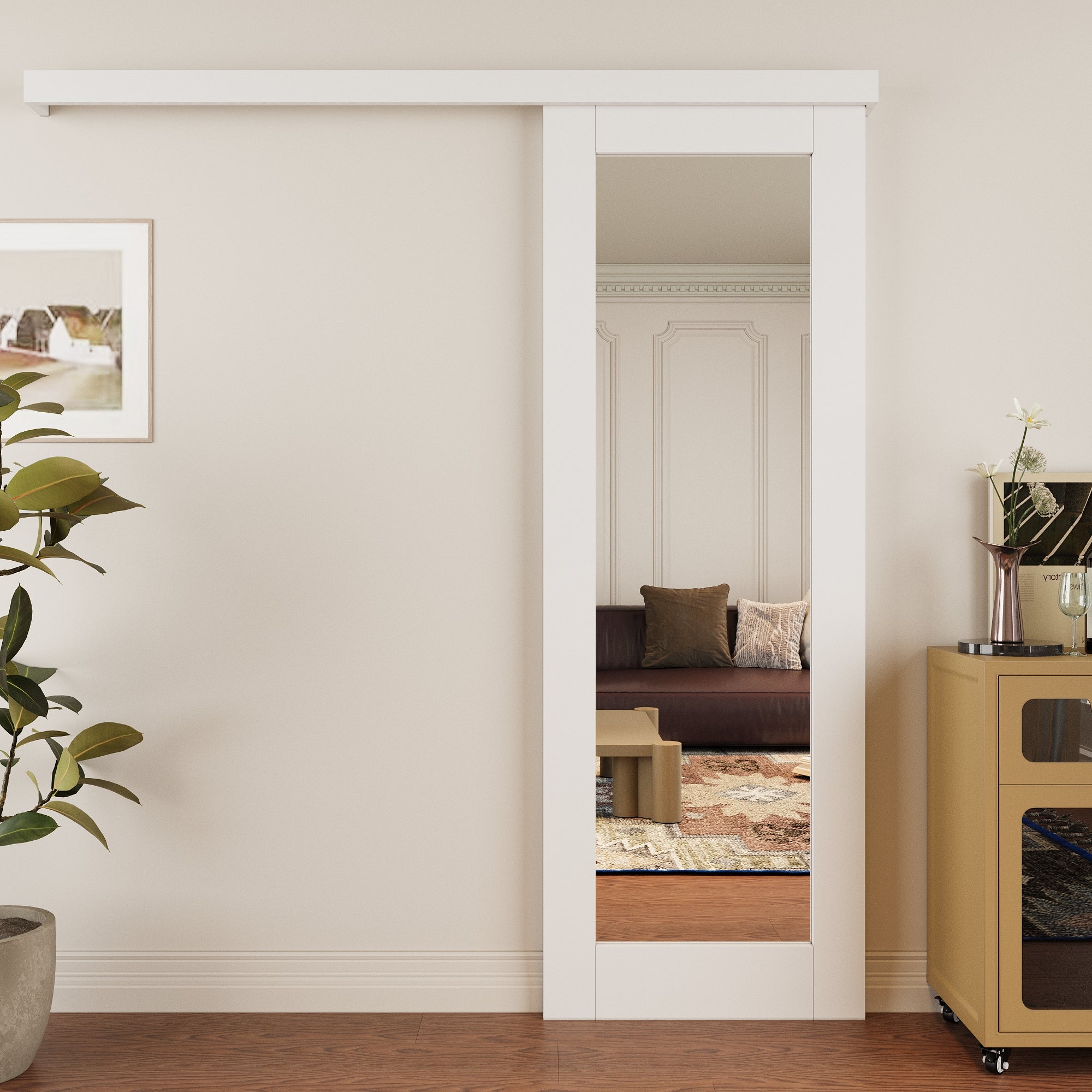 Ark Design Hidden Track Style 1-Lite Mirrored Glass White Primed Sliding Barn Door with Hardware Kit
