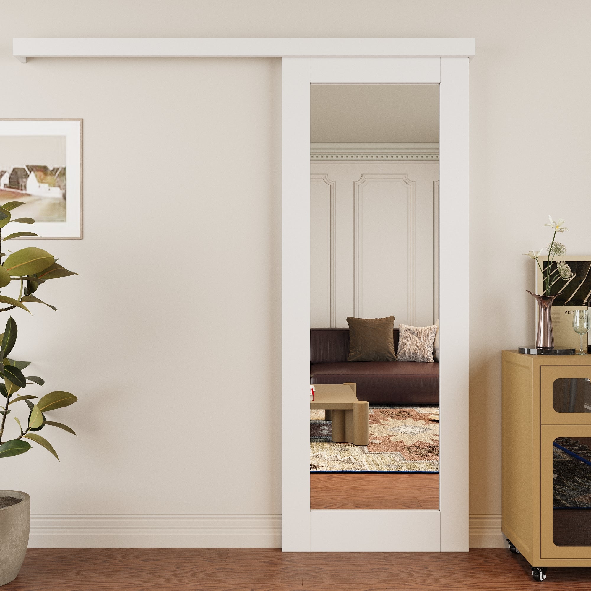Ark Design Hidden Track Style 1-Lite Mirrored Glass White Primed Sliding Barn Door with Hardware Kit