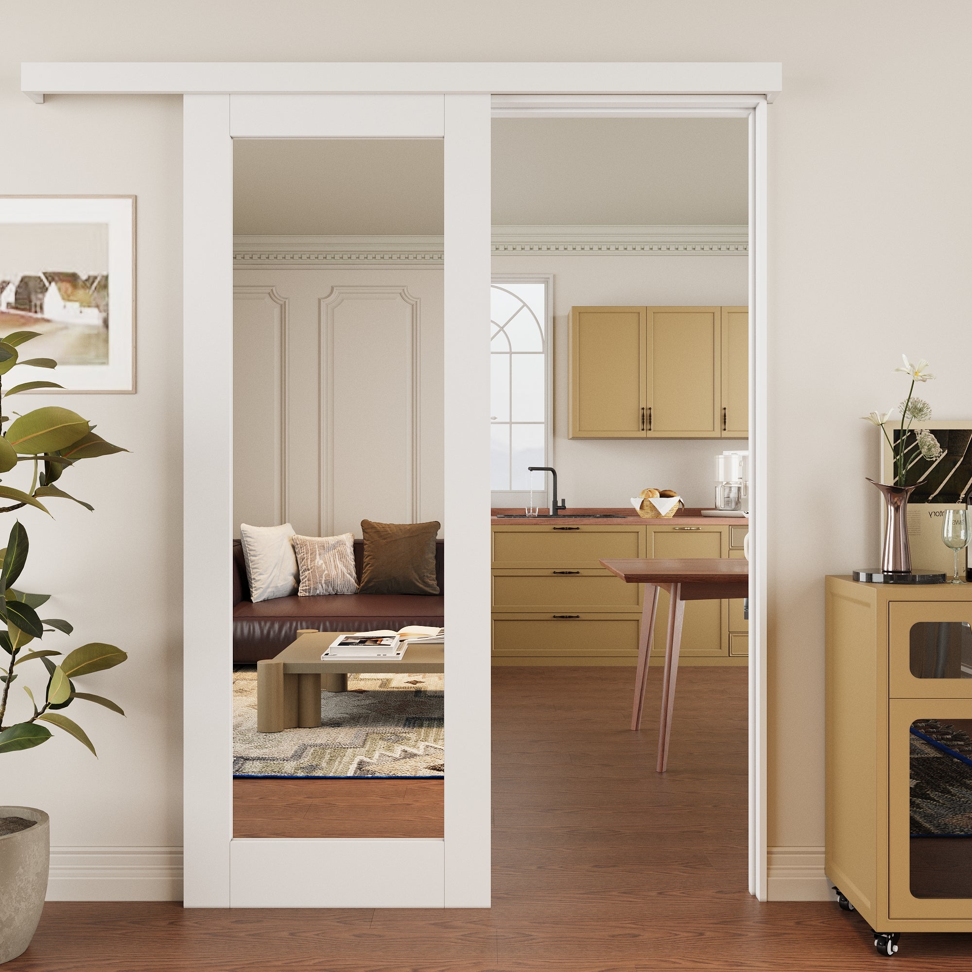Ark Design Hidden Track Style 1-Lite Mirrored Glass White Primed Sliding Barn Door with Hardware Kit