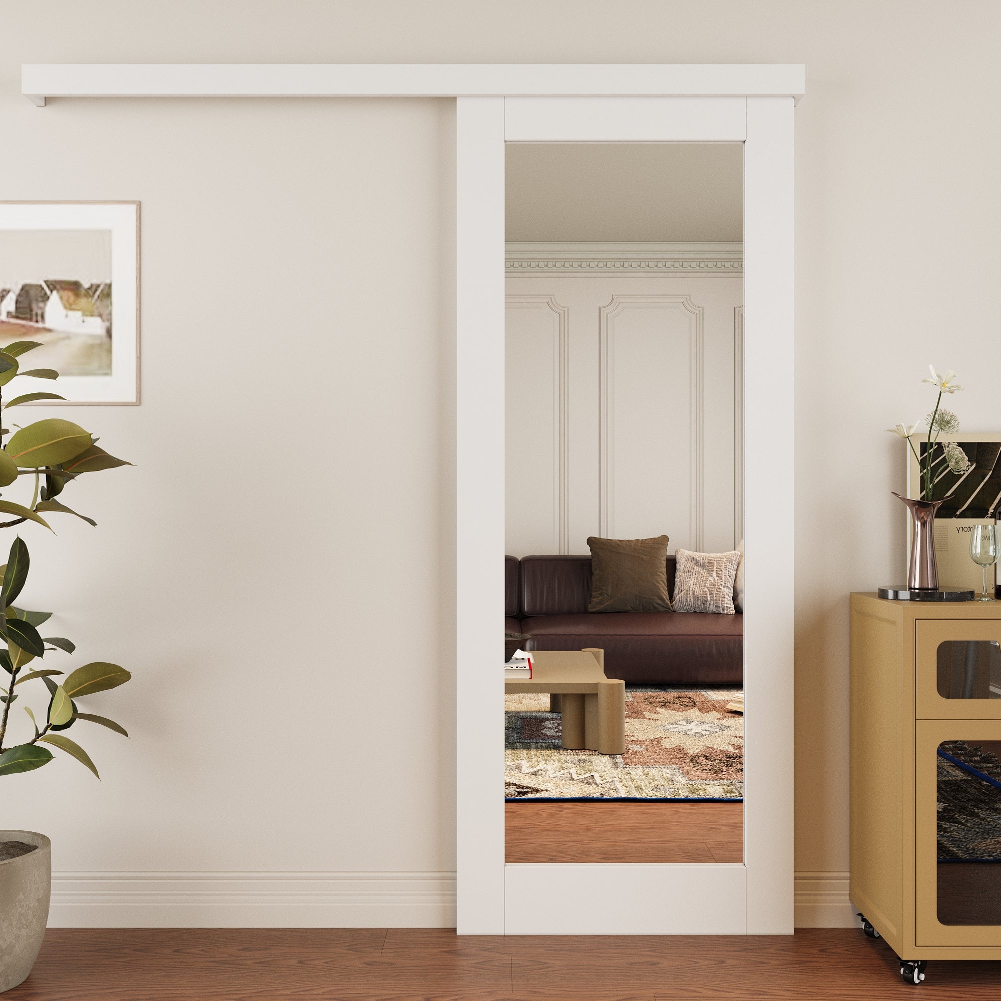 Ark Design Hidden Track Style 1-Lite Mirrored Glass White Primed Sliding Barn Door with Hardware Kit