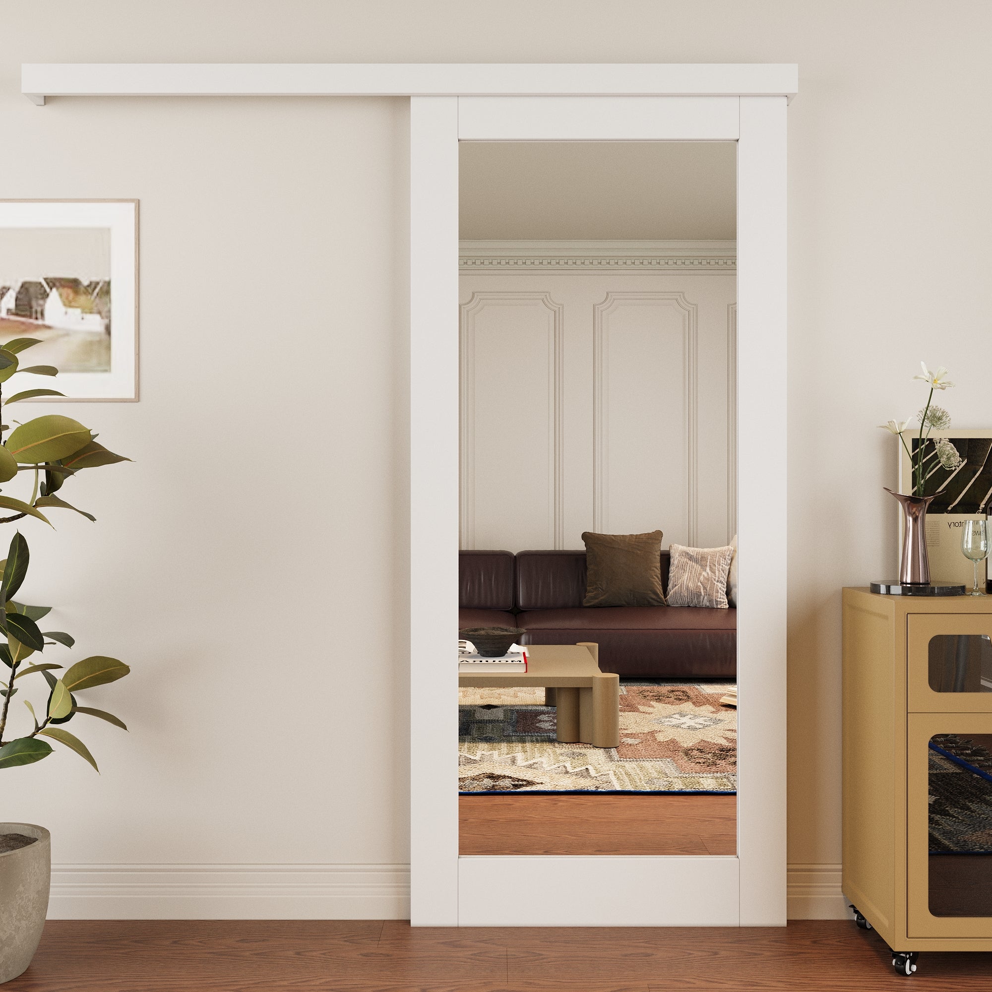 Ark Design Hidden Track Style 1-Lite Mirrored Glass White Primed Sliding Barn Door with Hardware Kit