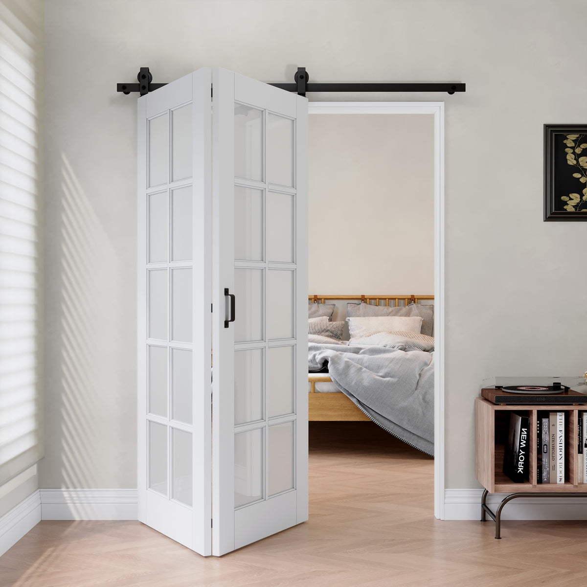 Ark Design 10-Lite Frosted Glass Bifold Barn Door MDF Wood, Prefinished & Paintable Surface, with Hardware Kit & Handle & Floor Guide, White