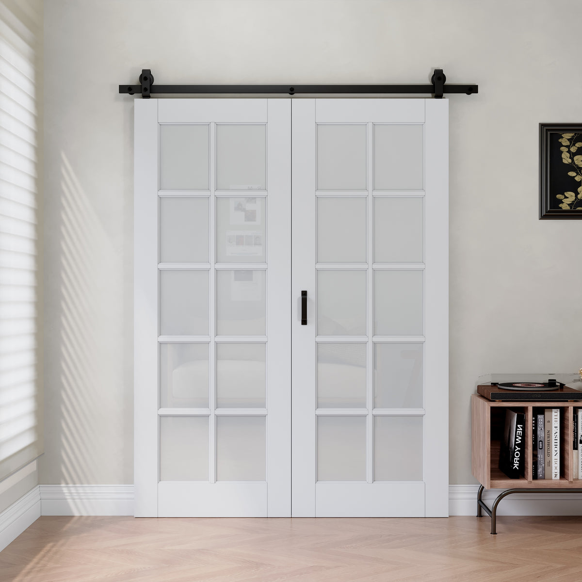 Ark Design 10-Lite Frosted Glass Bifold Barn Door MDF Wood, Prefinished & Paintable Surface, with Hardware Kit & Handle & Floor Guide, White