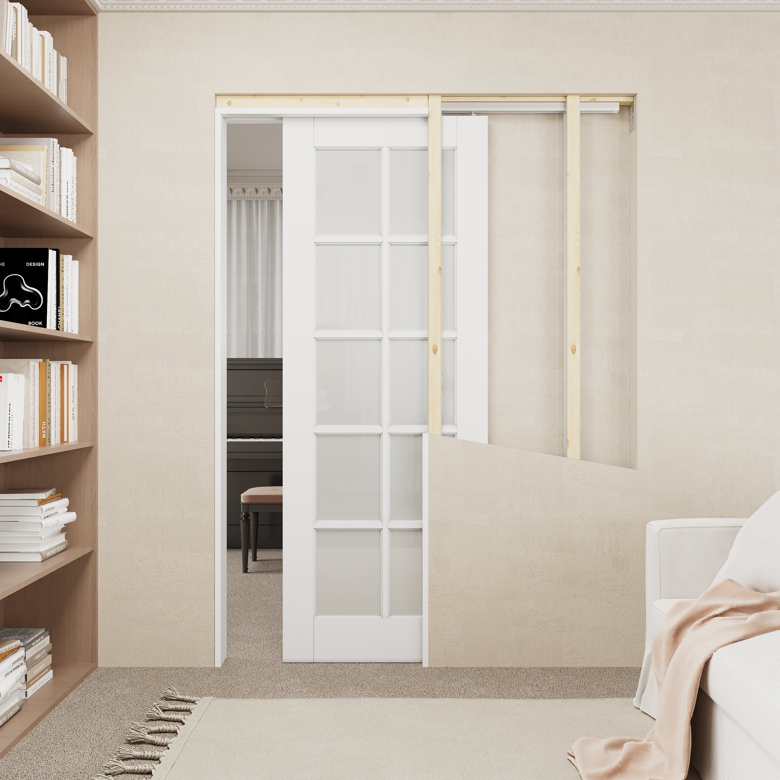 Ark Design 10-Lite Tempered Frosted Glass Pocket Door with Hardware Kit & Soft Close & Frame, Solid Core MDF Wood & Paint-grade Finished, White