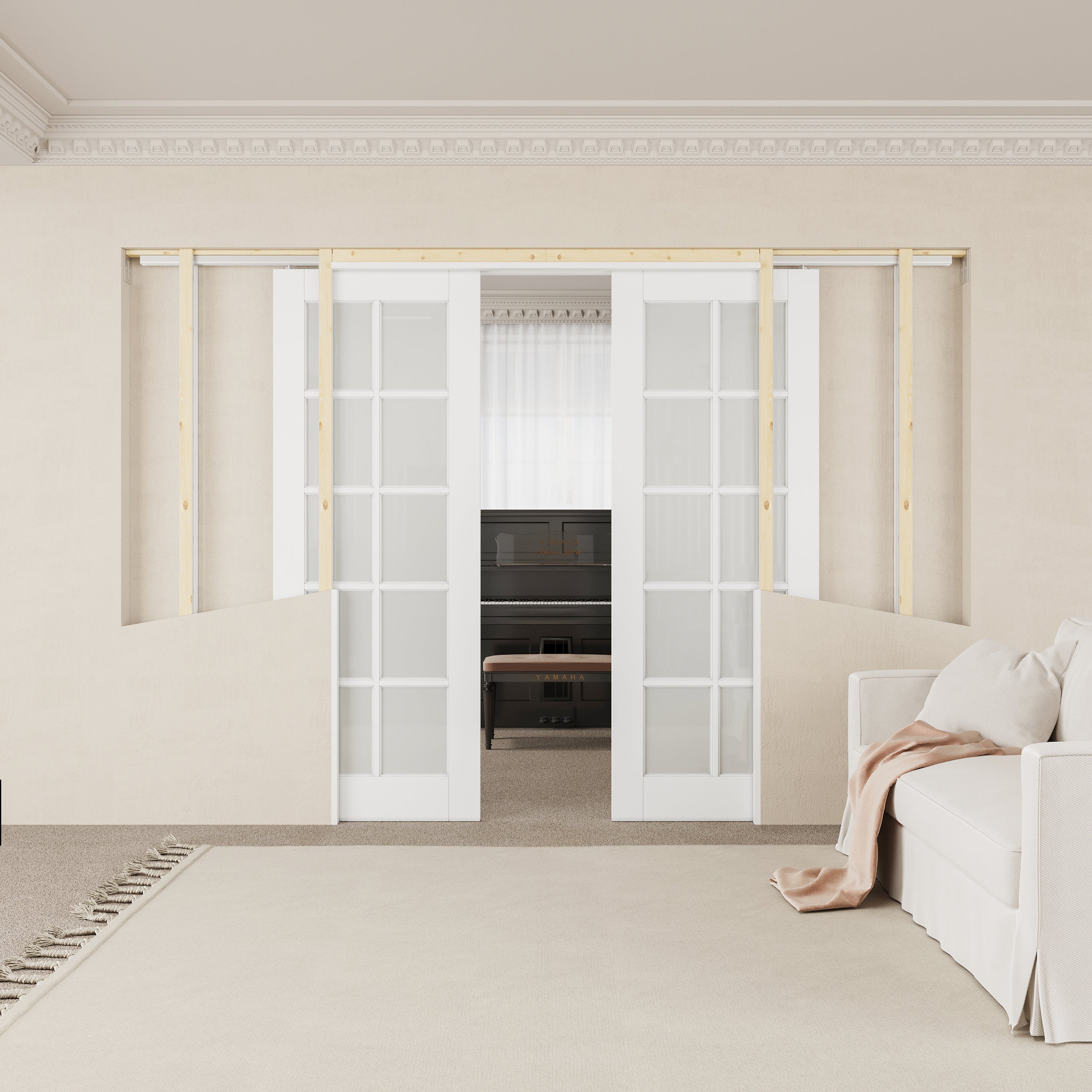Ark Design 10-Lite Tempered Frosted Glass Pocket Door with Hardware Kit & Soft Close & Frame, Solid Core MDF Wood & Paint-grade Finished, White