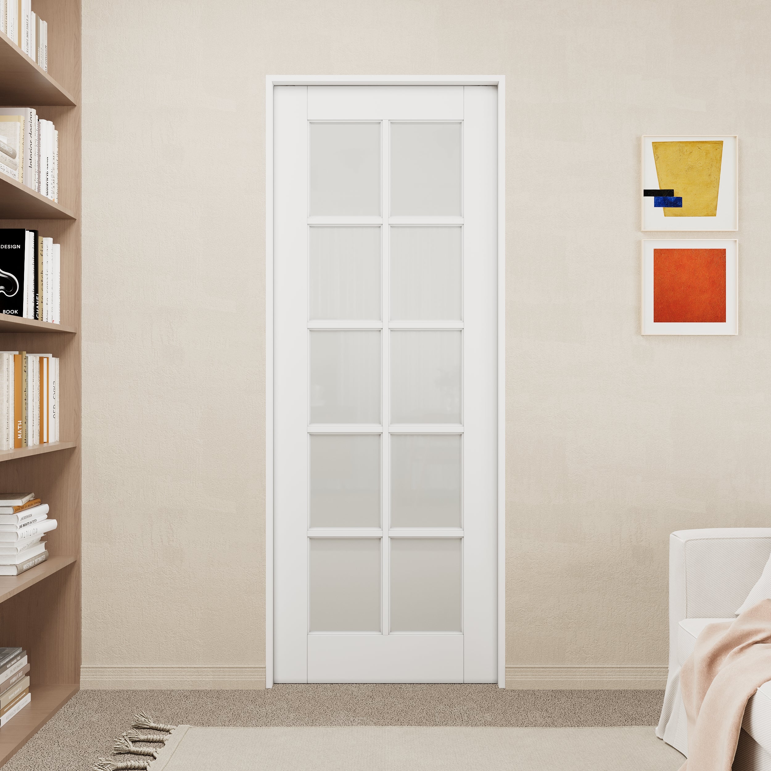 Ark Design 10-Lite Tempered Frosted Glass Pocket Door with Hardware Kit & Soft Close & Frame, Solid Core MDF Wood & Paint-grade Finished, White