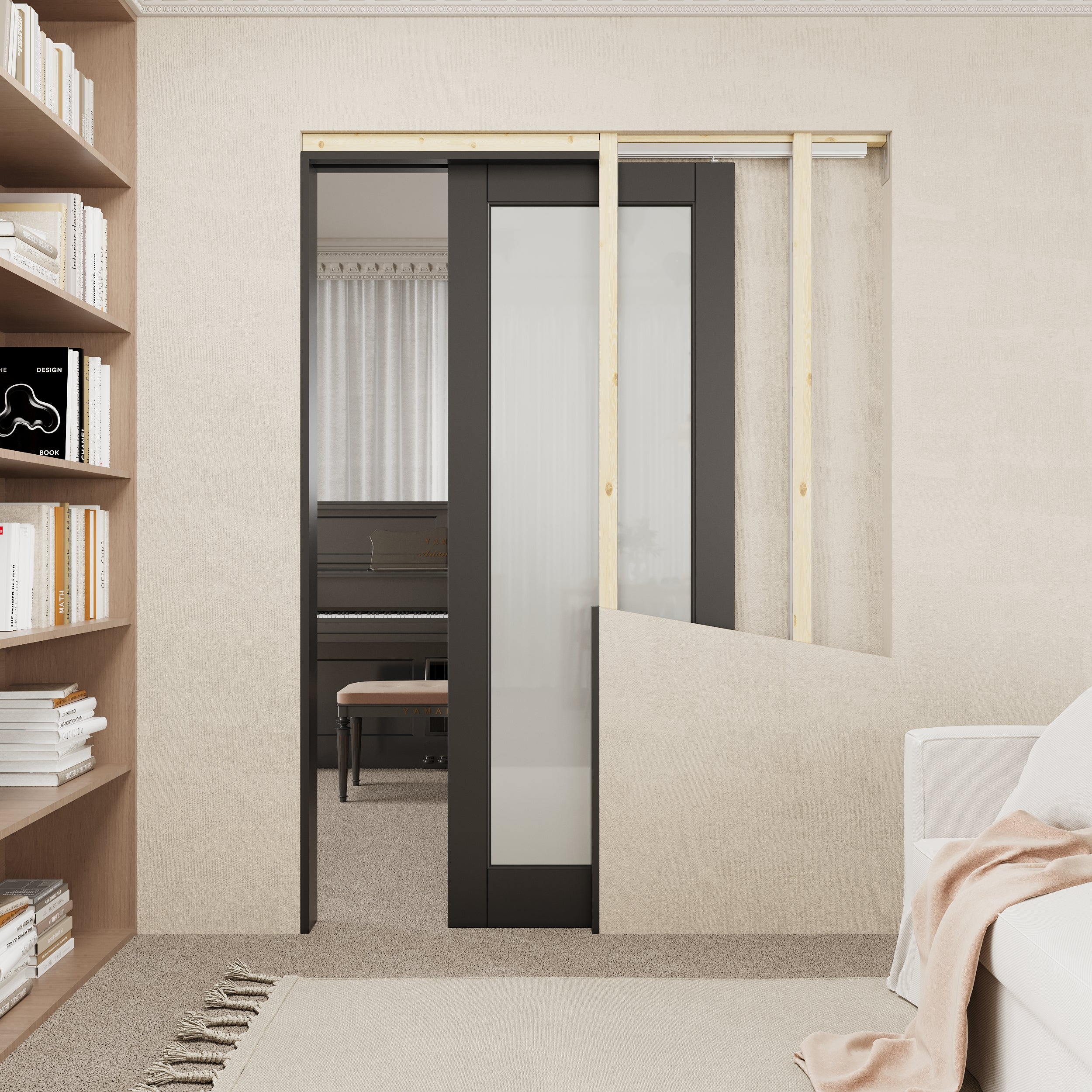 Ark Design 1-Lite Tempered Frosted Glass Pocket Door with Hardware Kit & Soft Close & Black Frame, Solid Core MDF Wood & Paint-grade Finished