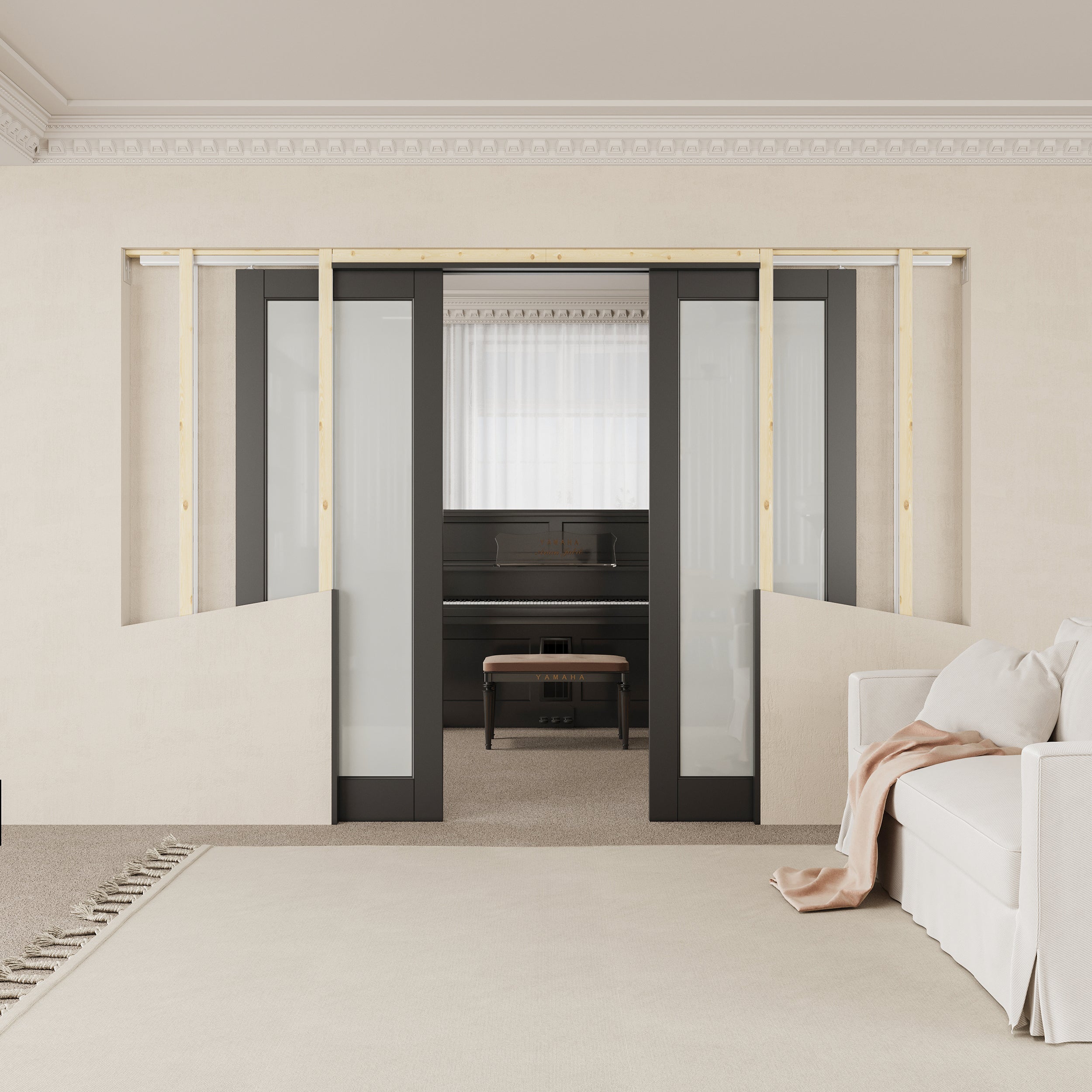 Ark Design 1-Lite Tempered Frosted Glass Pocket Door with Hardware Kit & Soft Close & Black Frame, Solid Core MDF Wood & Paint-grade Finished