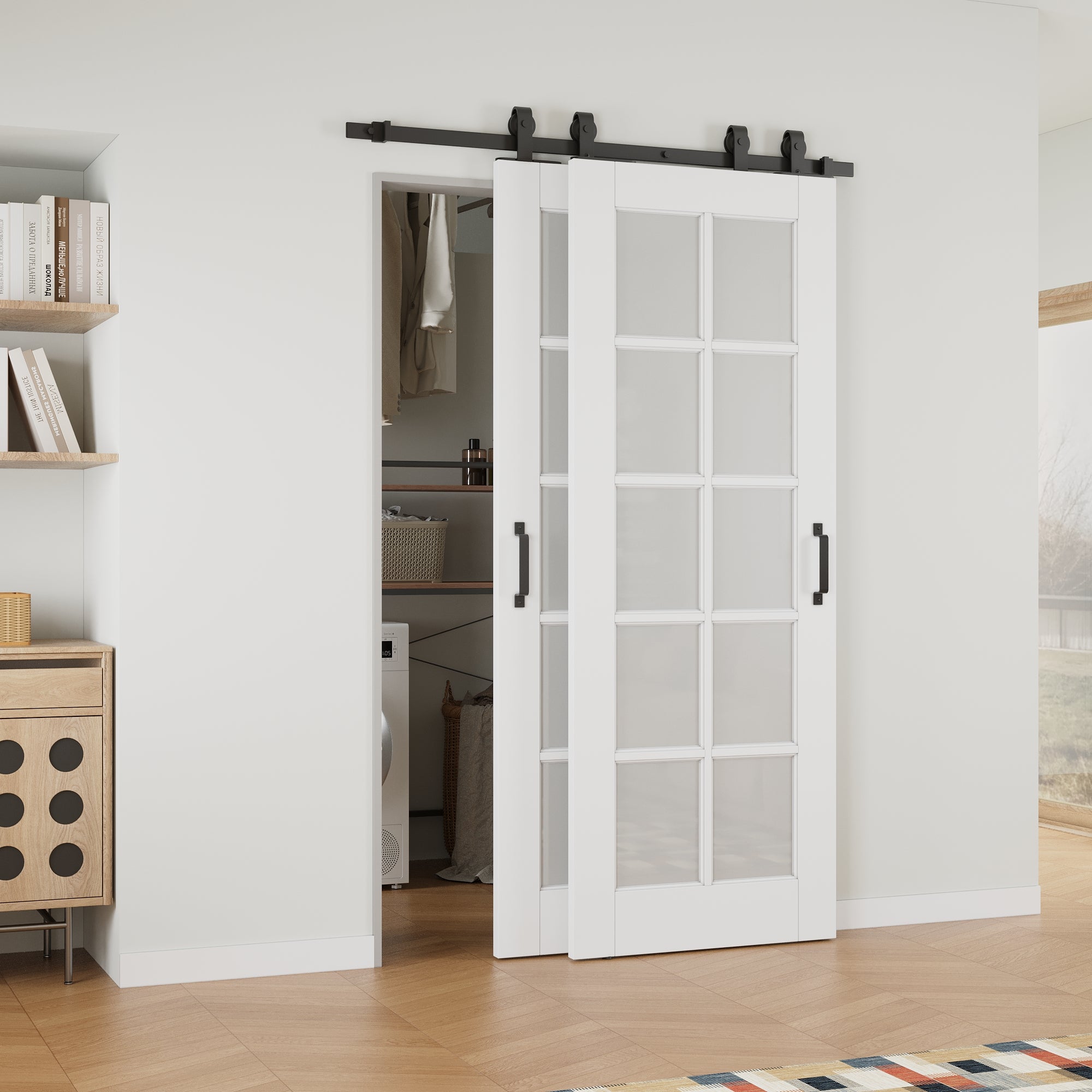 Ark Design Bypass Barn Door, 10-Lite Tempred Frosted Glass, Solid Core MDF & Pre-finished & Paintable Surface, With Hardware Kit Bypass, White