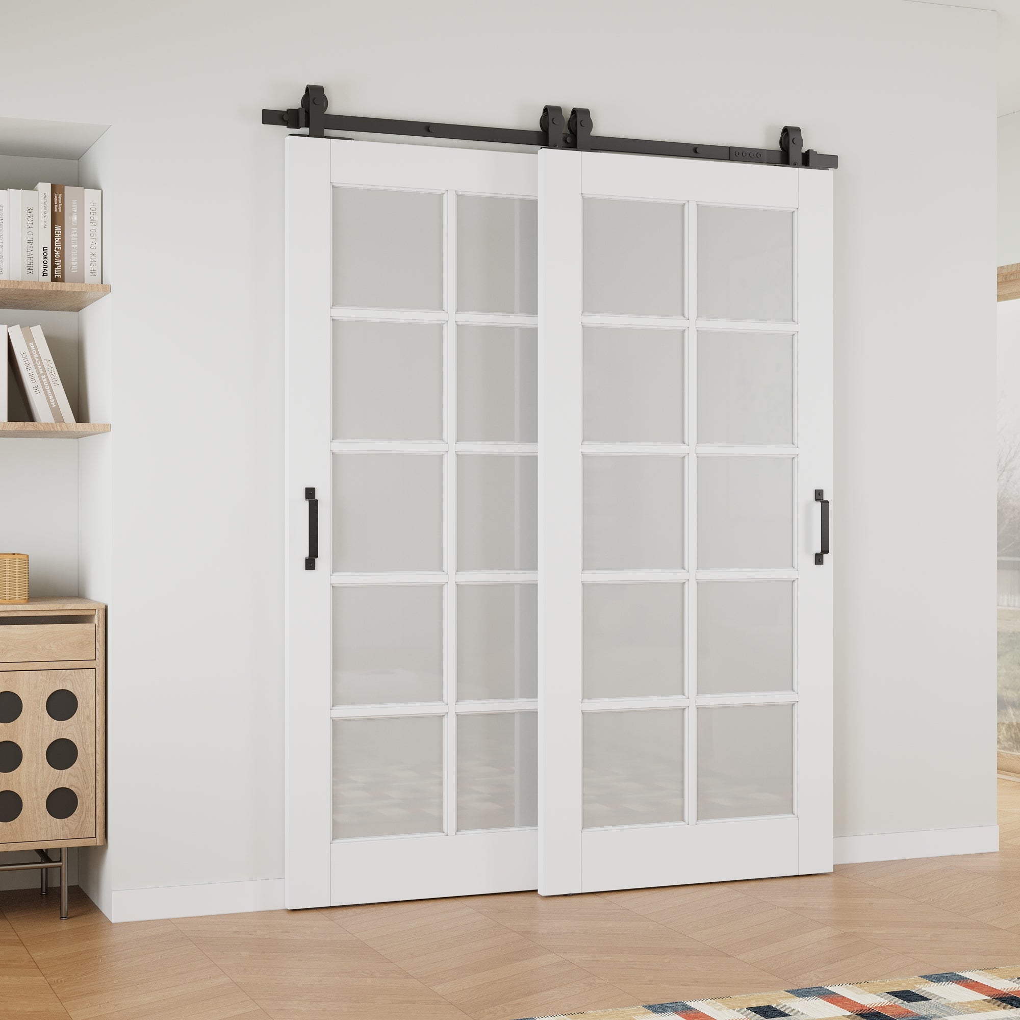 Ark Design Bypass Barn Door, 10-Lite Tempred Frosted Glass, Solid Core MDF & Pre-finished & Paintable Surface, With Hardware Kit Bypass, White