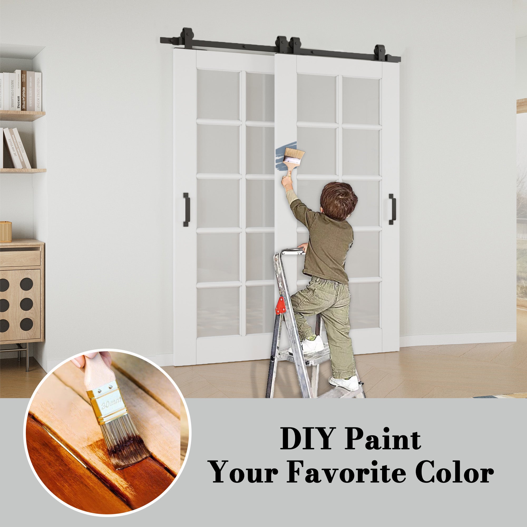 Ark Design Bypass Barn Door, 10-Lite Tempred Frosted Glass, Solid Core MDF & Pre-finished & Paintable Surface, With Hardware Kit Bypass, White