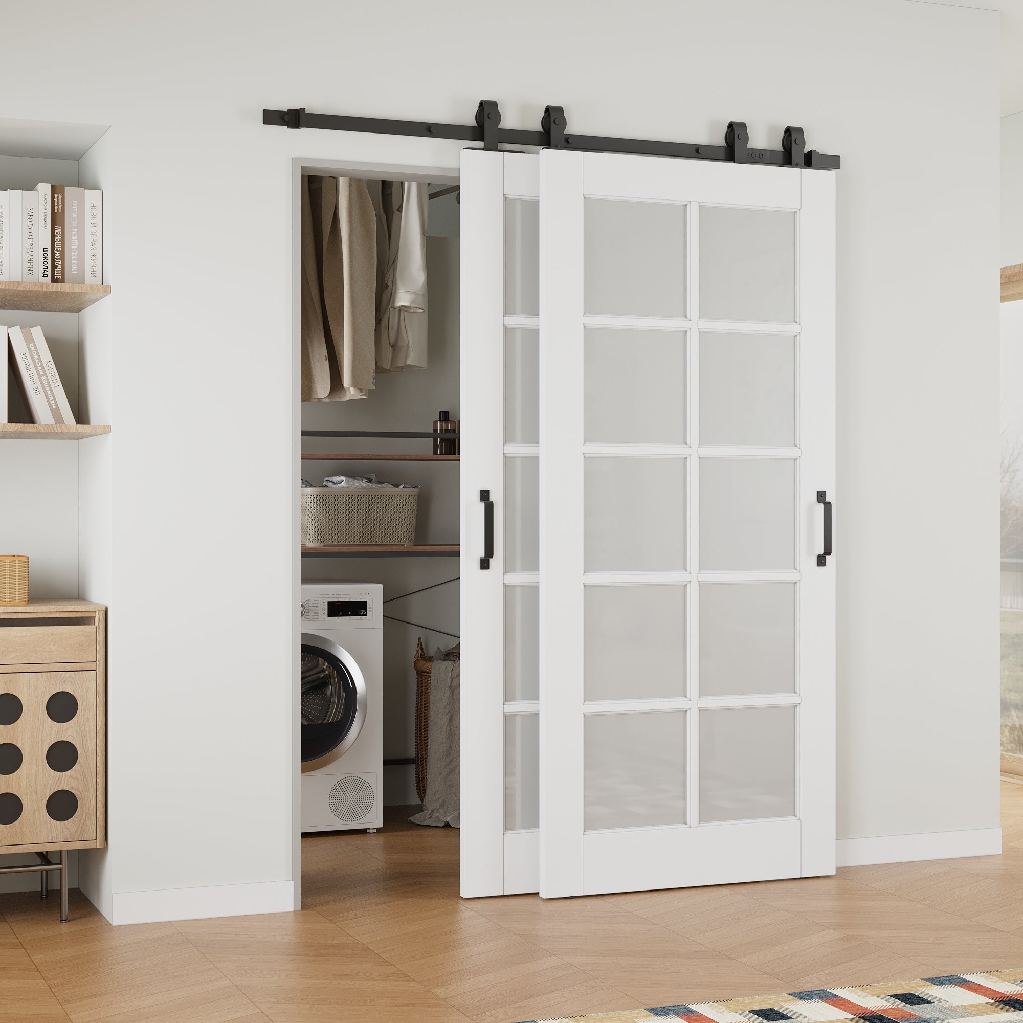 Ark Design Bypass Barn Door, 10-Lite Tempred Frosted Glass, Solid Core MDF & Pre-finished & Paintable Surface, With Hardware Kit Bypass, White