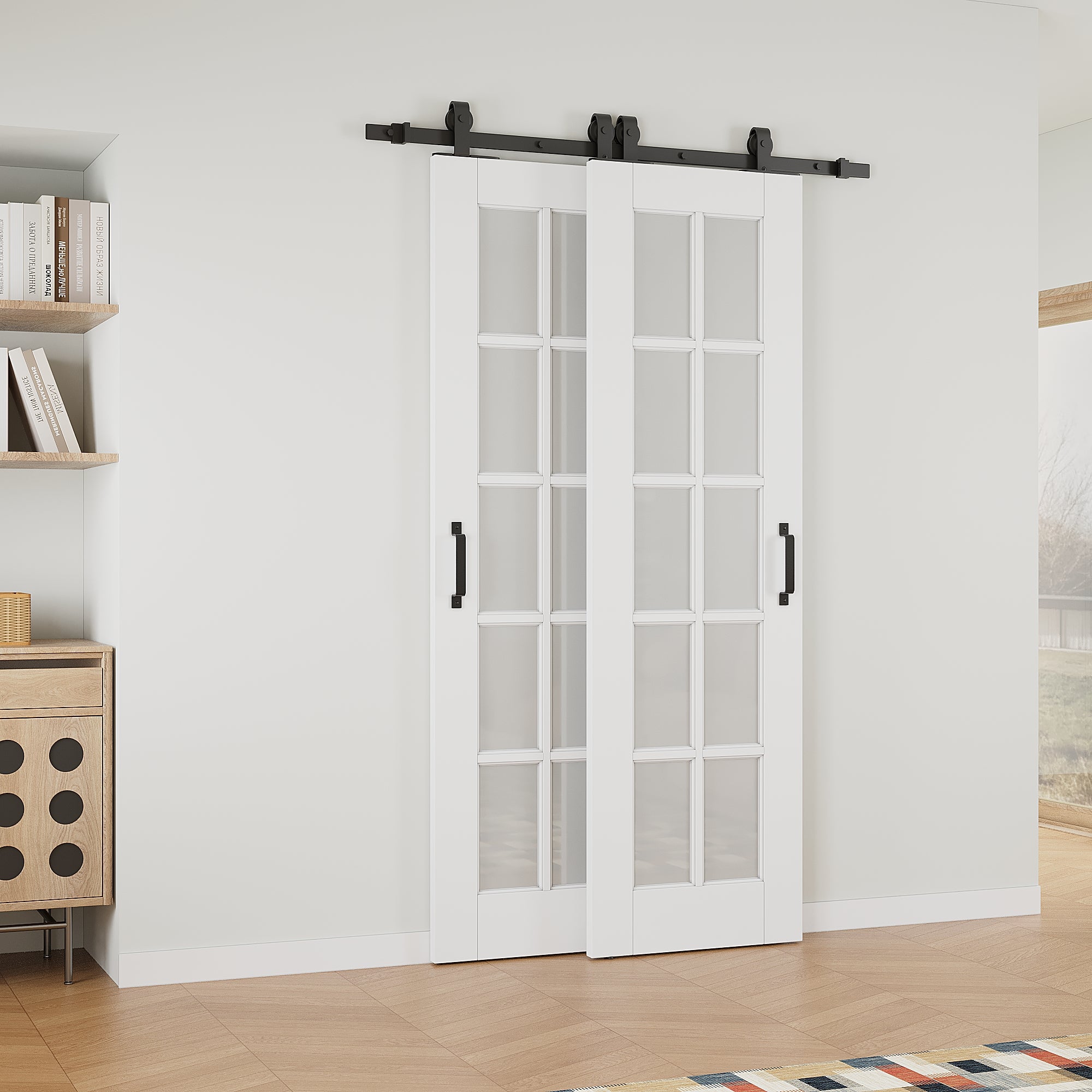 Ark Design Bypass Barn Door, 10-Lite Tempred Frosted Glass, Solid Core MDF & Pre-finished & Paintable Surface, With Hardware Kit Bypass, White