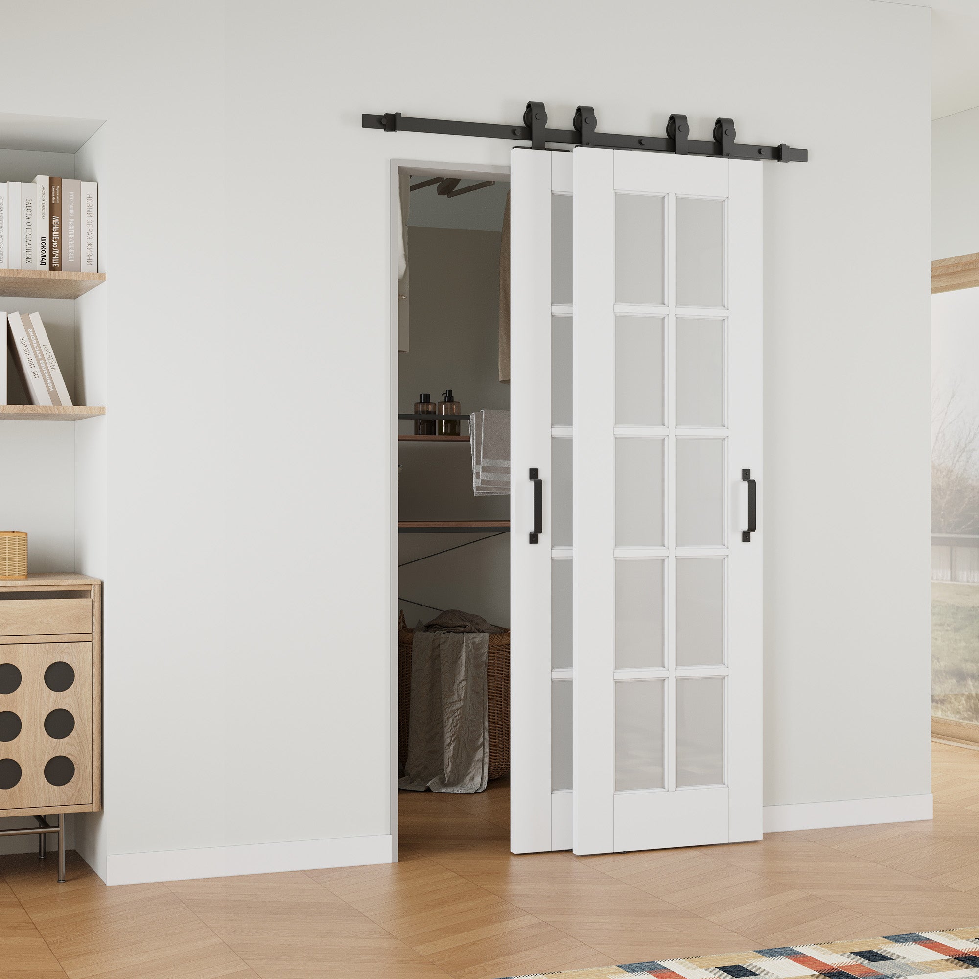Ark Design Bypass Barn Door, 10-Lite Tempred Frosted Glass, Solid Core MDF & Pre-finished & Paintable Surface, With Hardware Kit Bypass, White