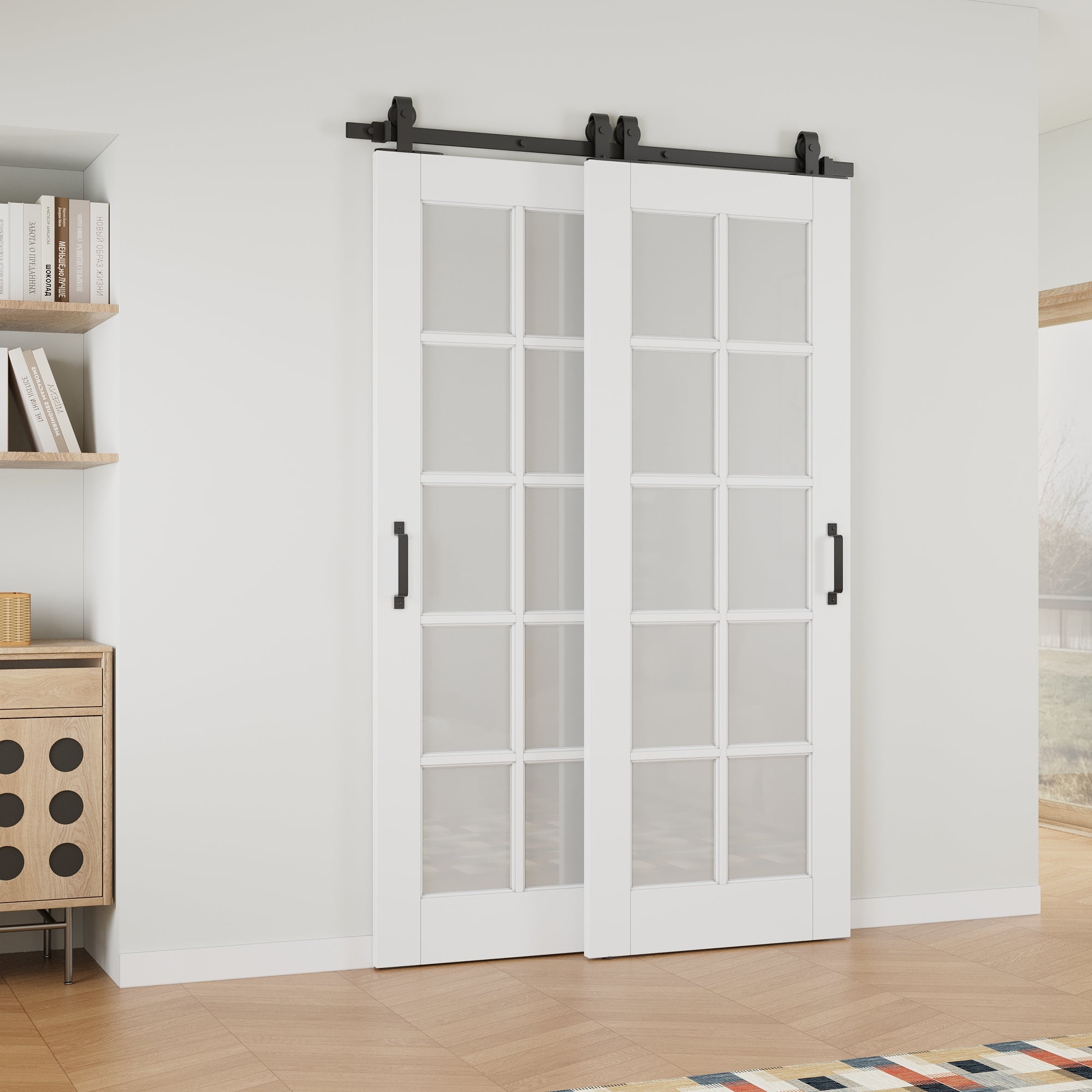 Ark Design Bypass Barn Door, 10-Lite Tempred Frosted Glass, Solid Core MDF & Pre-finished & Paintable Surface, With Hardware Kit Bypass, White