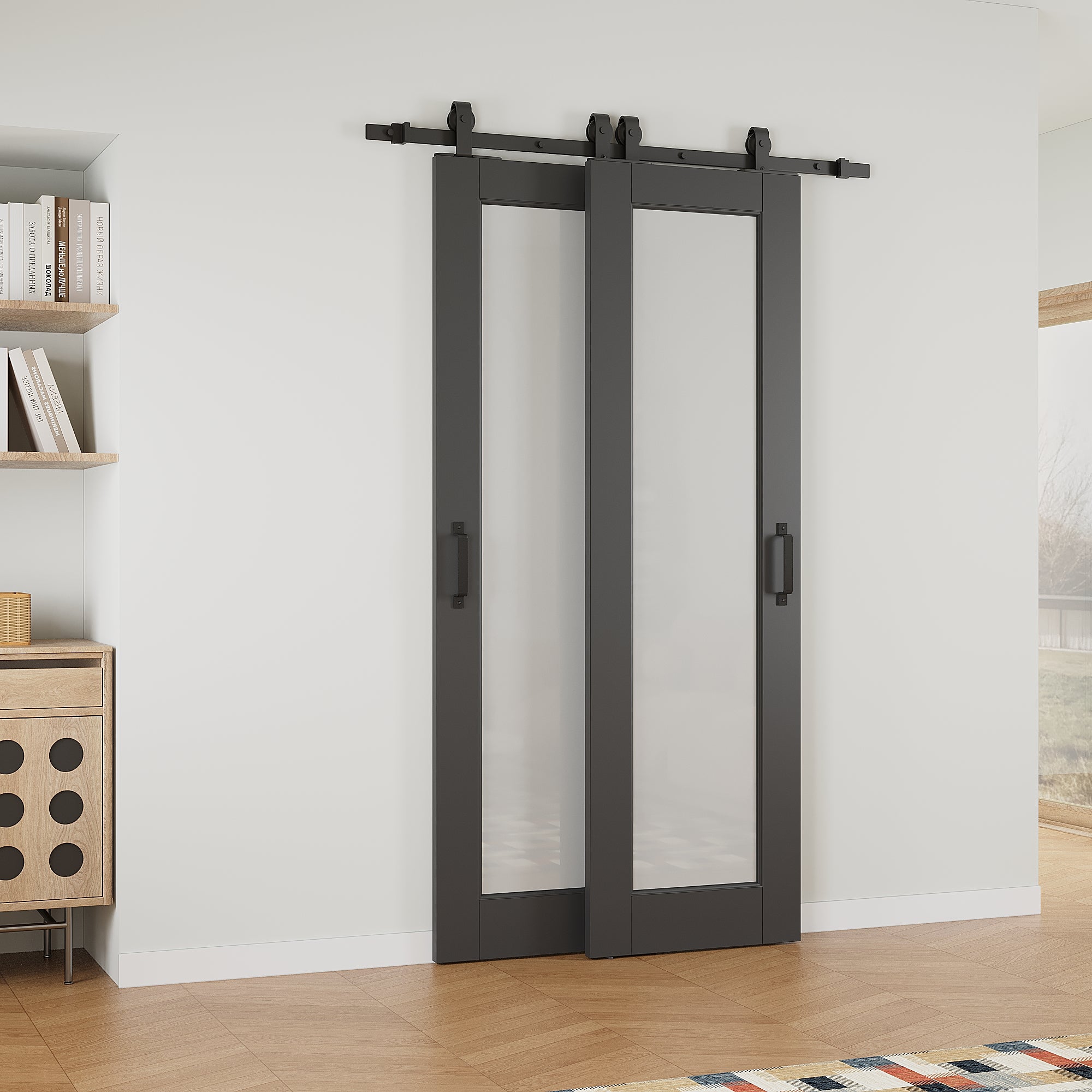 Ark Design Bypass Barn Door, 1-Lite Tempred Frosted Glass, Solid Core MDF & Finished, With Hardware Kit Bypass,Black
