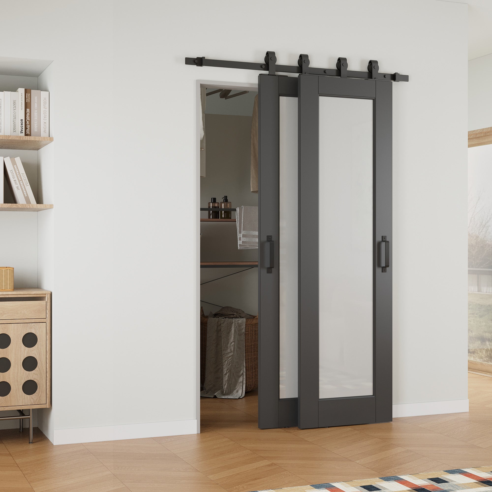 Ark Design Bypass Barn Door, 1-Lite Tempred Frosted Glass, Solid Core MDF & Finished, With Hardware Kit Bypass,Black