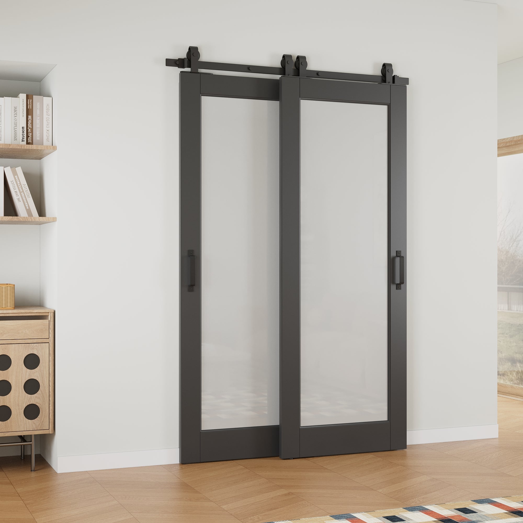 Ark Design Bypass Barn Door, 1-Lite Tempred Frosted Glass, Solid Core MDF & Finished, With Hardware Kit Bypass,Black