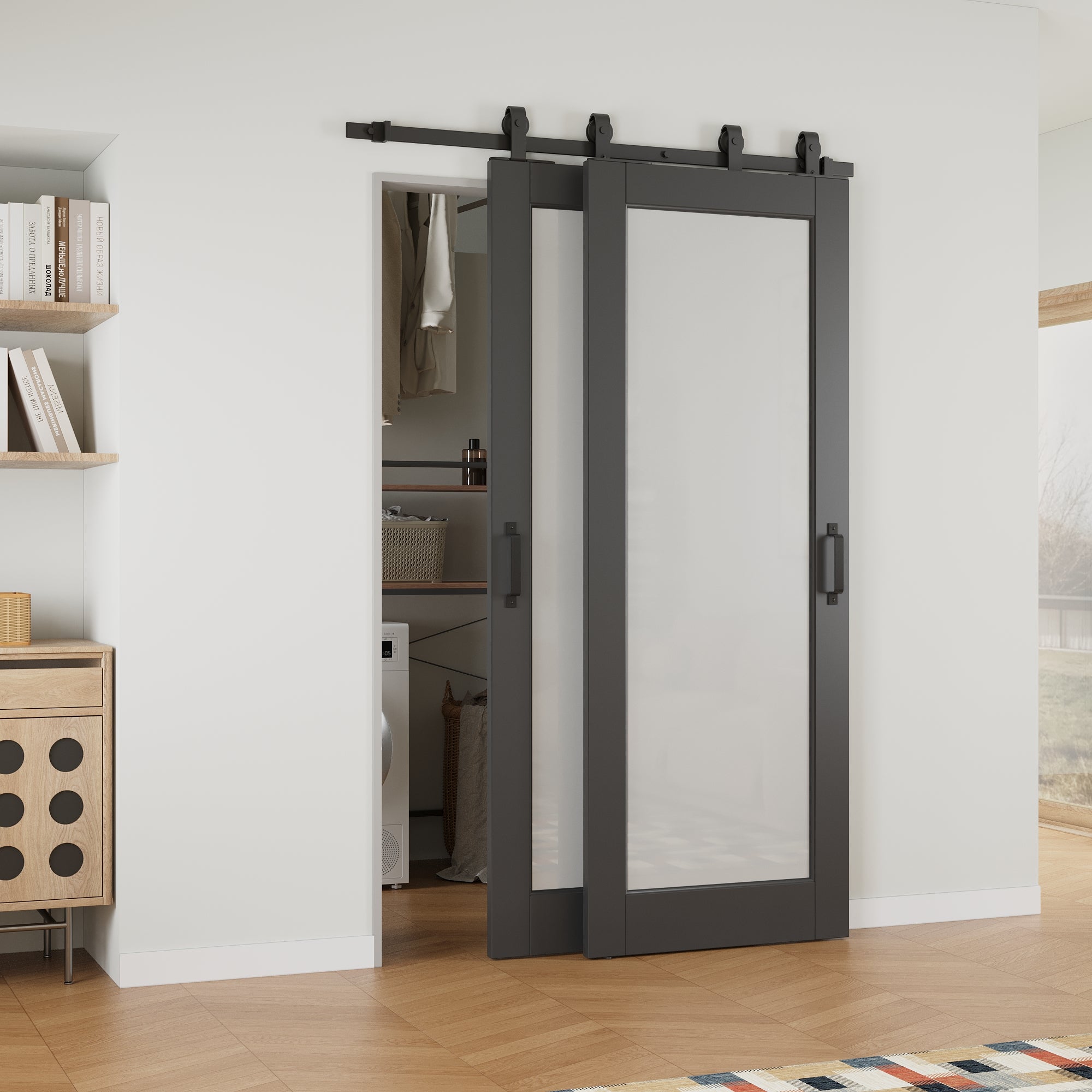 Ark Design Bypass Barn Door, 1-Lite Tempred Frosted Glass, Solid Core MDF & Finished, With Hardware Kit Bypass,Black