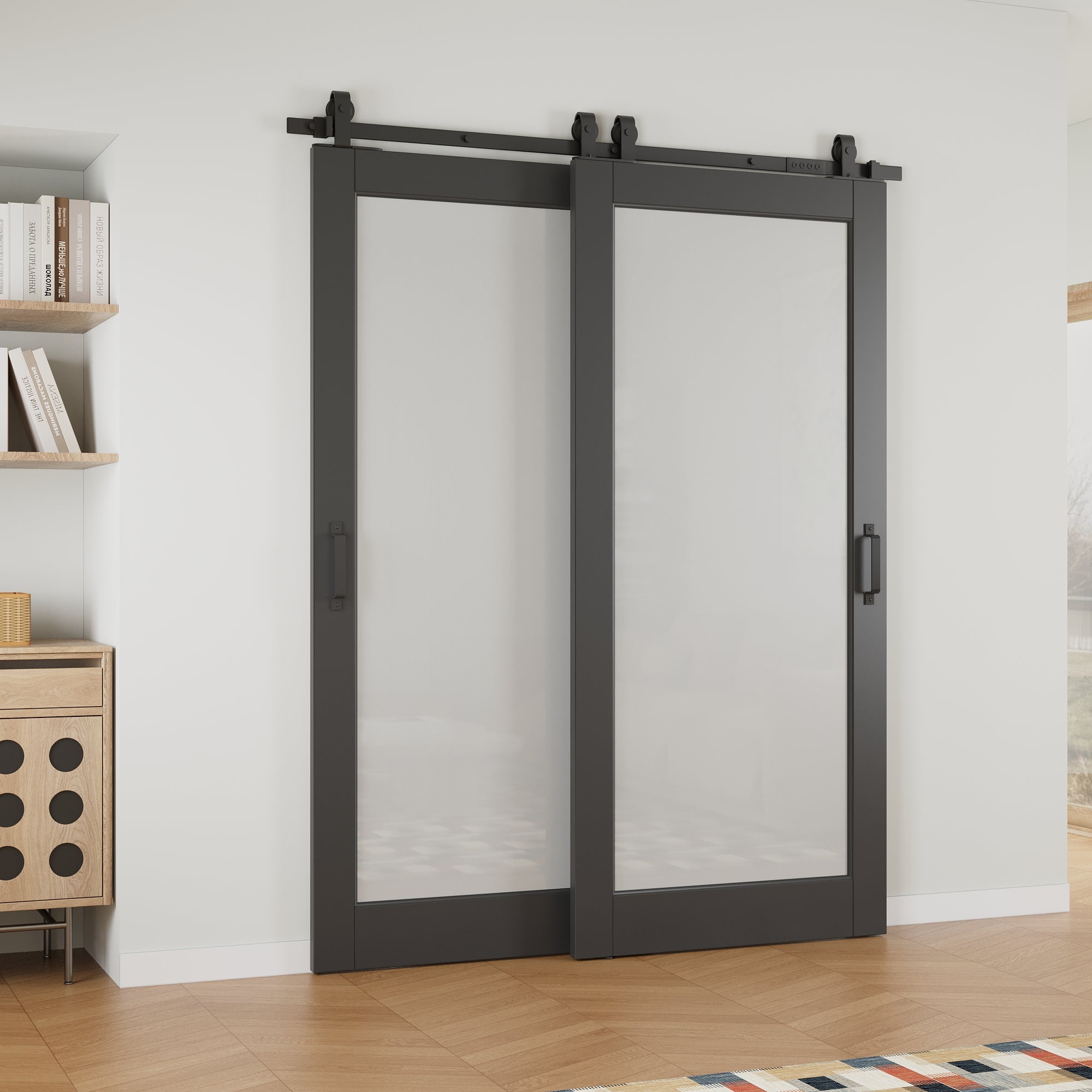 Ark Design Bypass Barn Door, 1-Lite Tempred Frosted Glass, Solid Core MDF & Finished, With Hardware Kit Bypass,Black