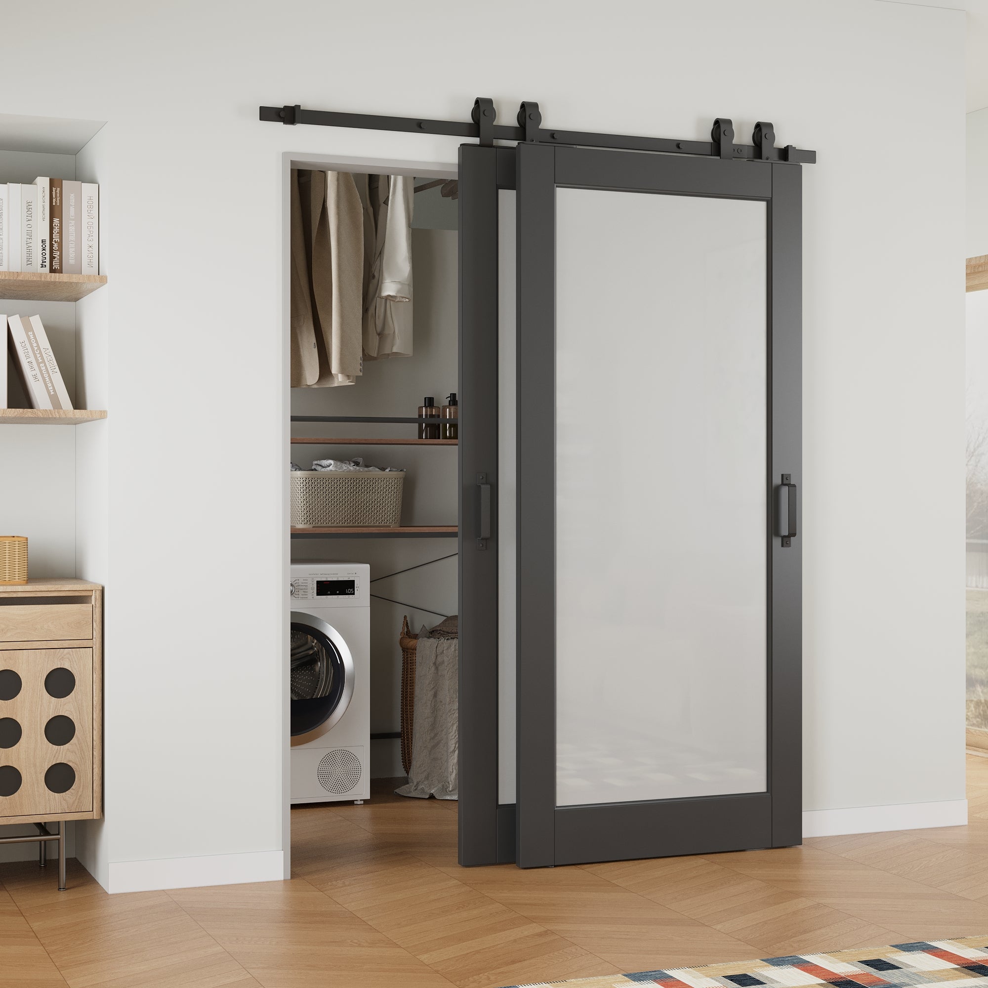 Ark Design Bypass Barn Door, 1-Lite Tempred Frosted Glass, Solid Core MDF & Finished, With Hardware Kit Bypass,Black