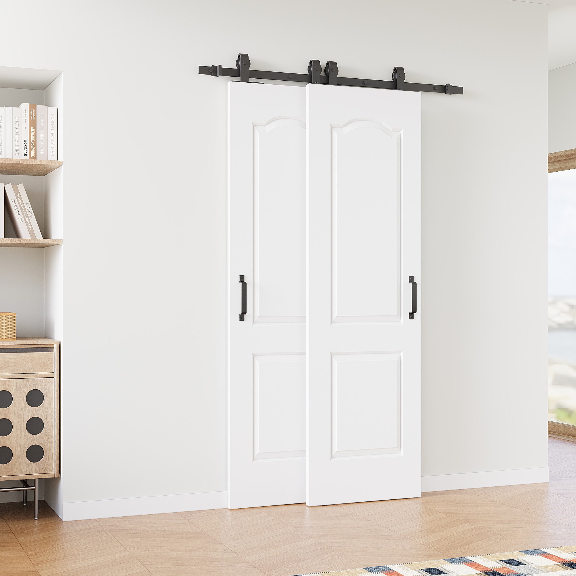 Ark Design Bypass Barn Door, 2-Panel Molded Doors, Solid Core MDF & Pre-finished & Paintable Surface, With Hardware Kit Bypass, White