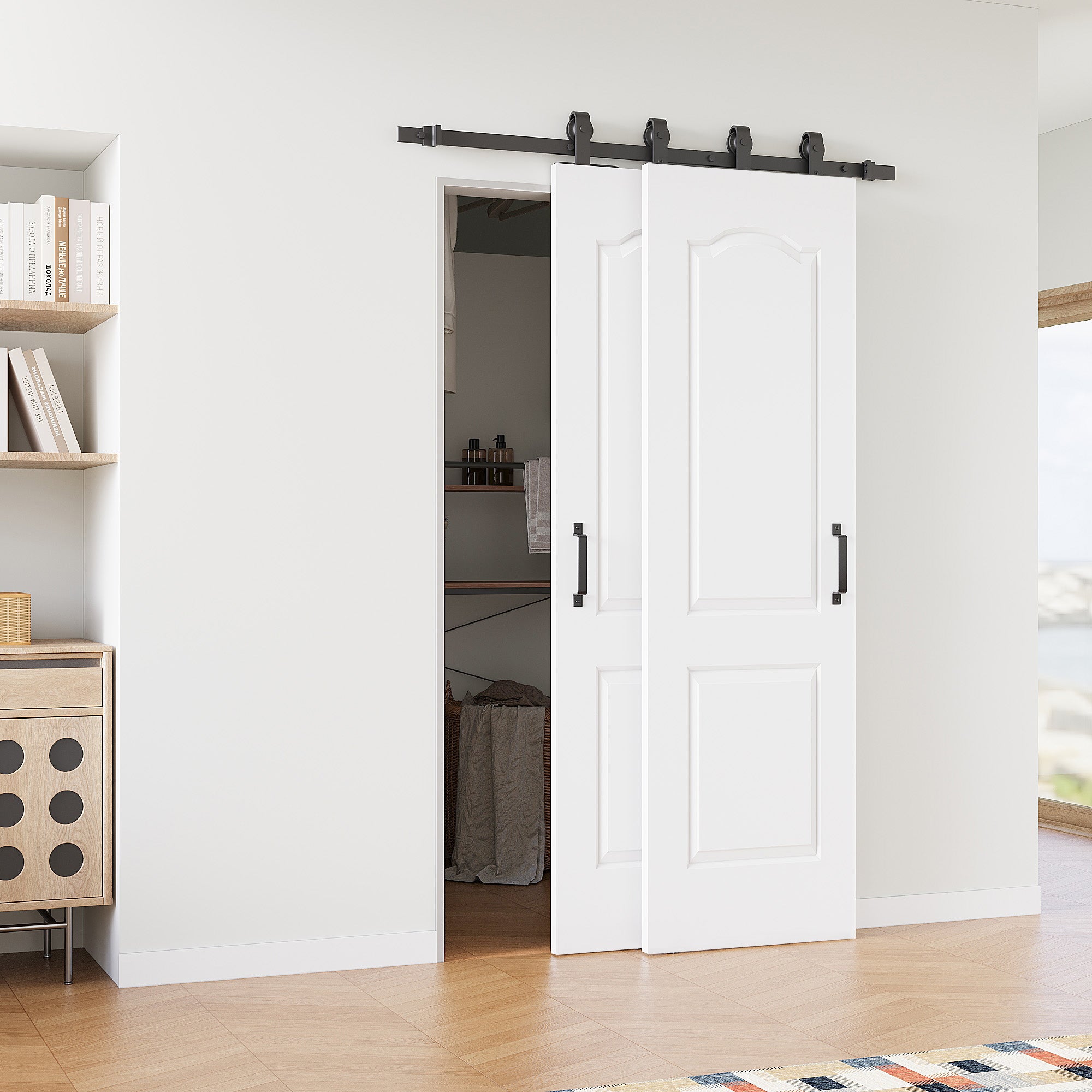 Ark Design Bypass Barn Door, 2-Panel Molded Doors, Solid Core MDF & Pre-finished & Paintable Surface, With Hardware Kit Bypass, White