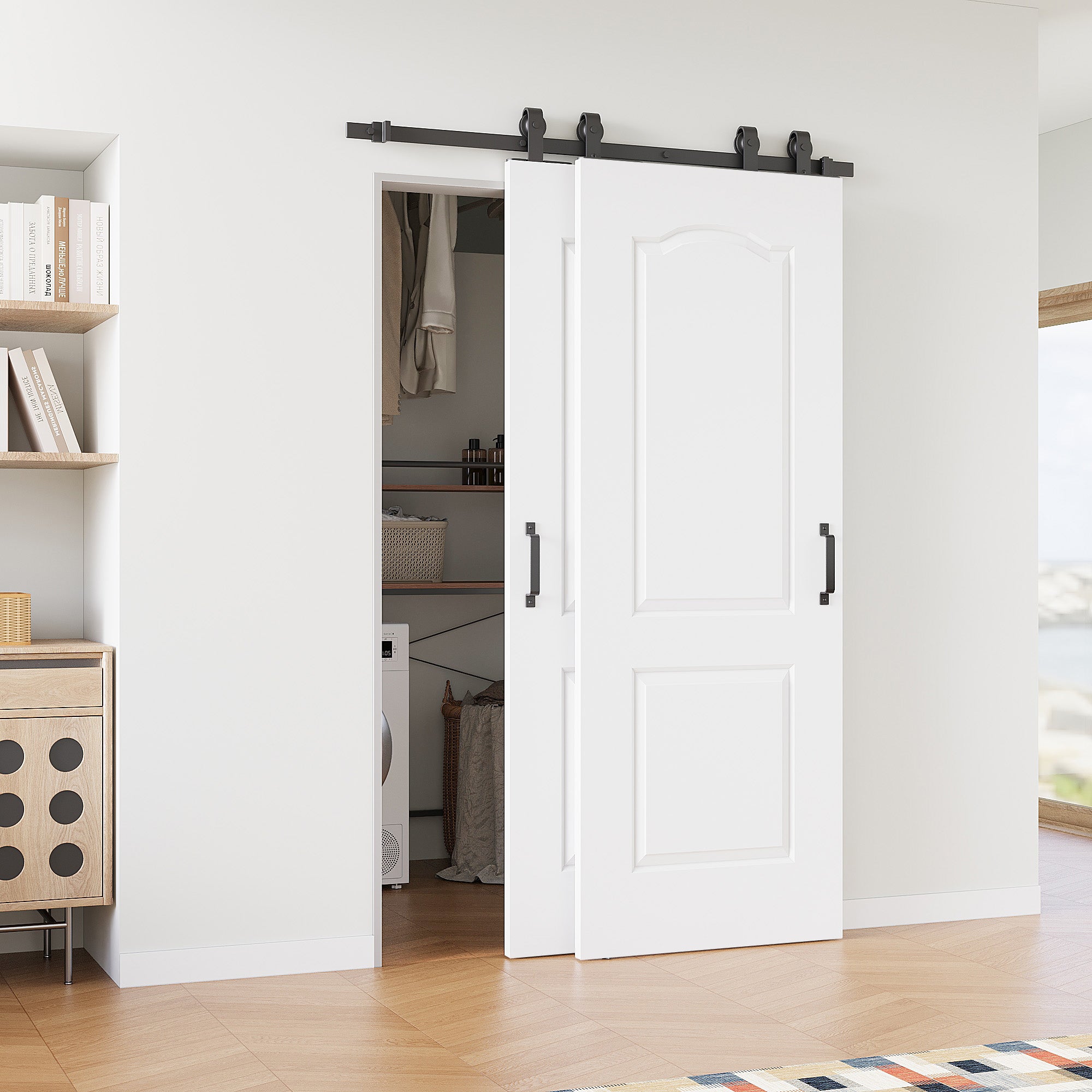 Ark Design Bypass Barn Door, 2-Panel Molded Doors, Solid Core MDF & Pre-finished & Paintable Surface, With Hardware Kit Bypass, White