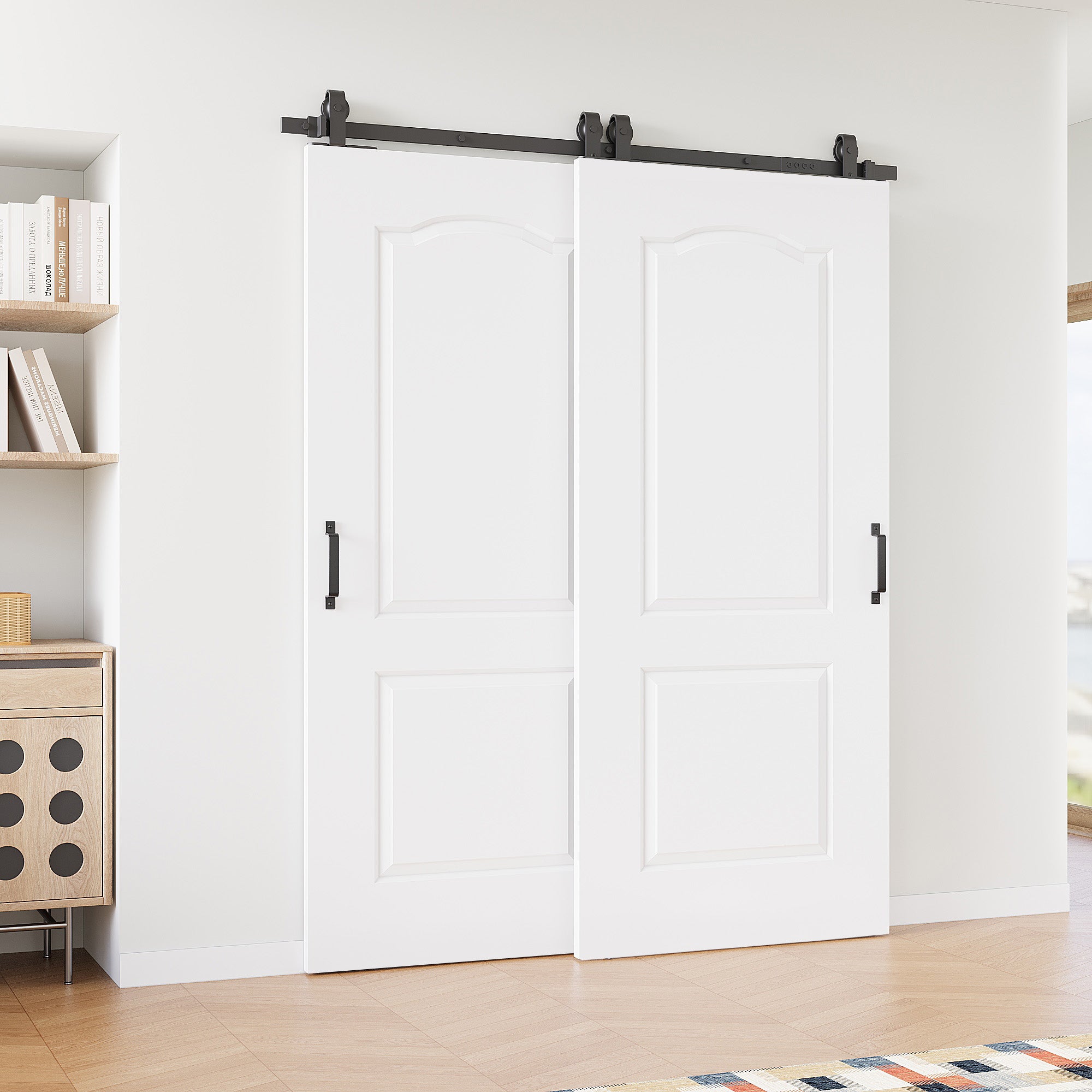 Ark Design Bypass Barn Door, 2-Panel Molded Doors, Solid Core MDF & Pre-finished & Paintable Surface, With Hardware Kit Bypass, White