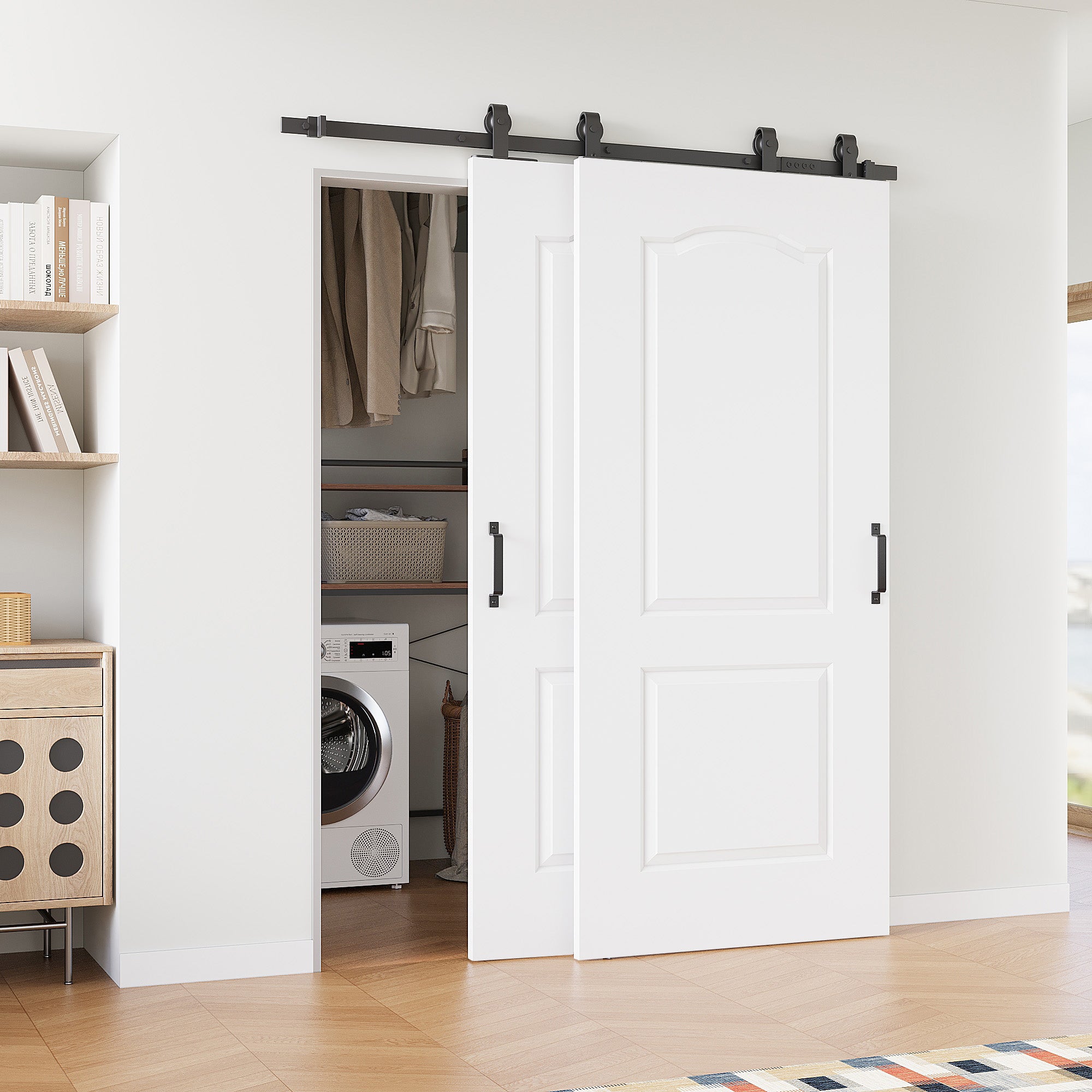 Ark Design Bypass Barn Door, 2-Panel Molded Doors, Solid Core MDF & Pre-finished & Paintable Surface, With Hardware Kit Bypass, White