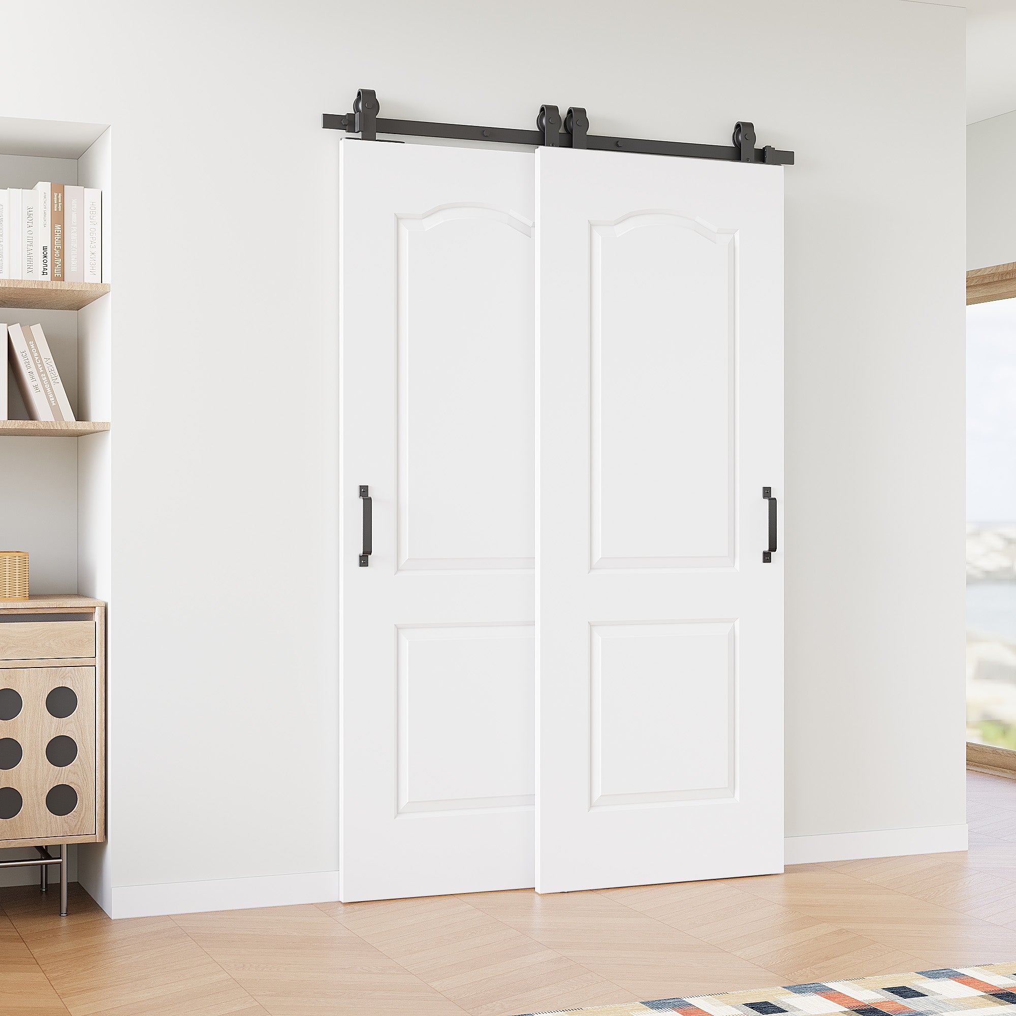 Ark Design Bypass Barn Door, 2-Panel Molded Doors, Solid Core MDF & Pre-finished & Paintable Surface, With Hardware Kit Bypass, White