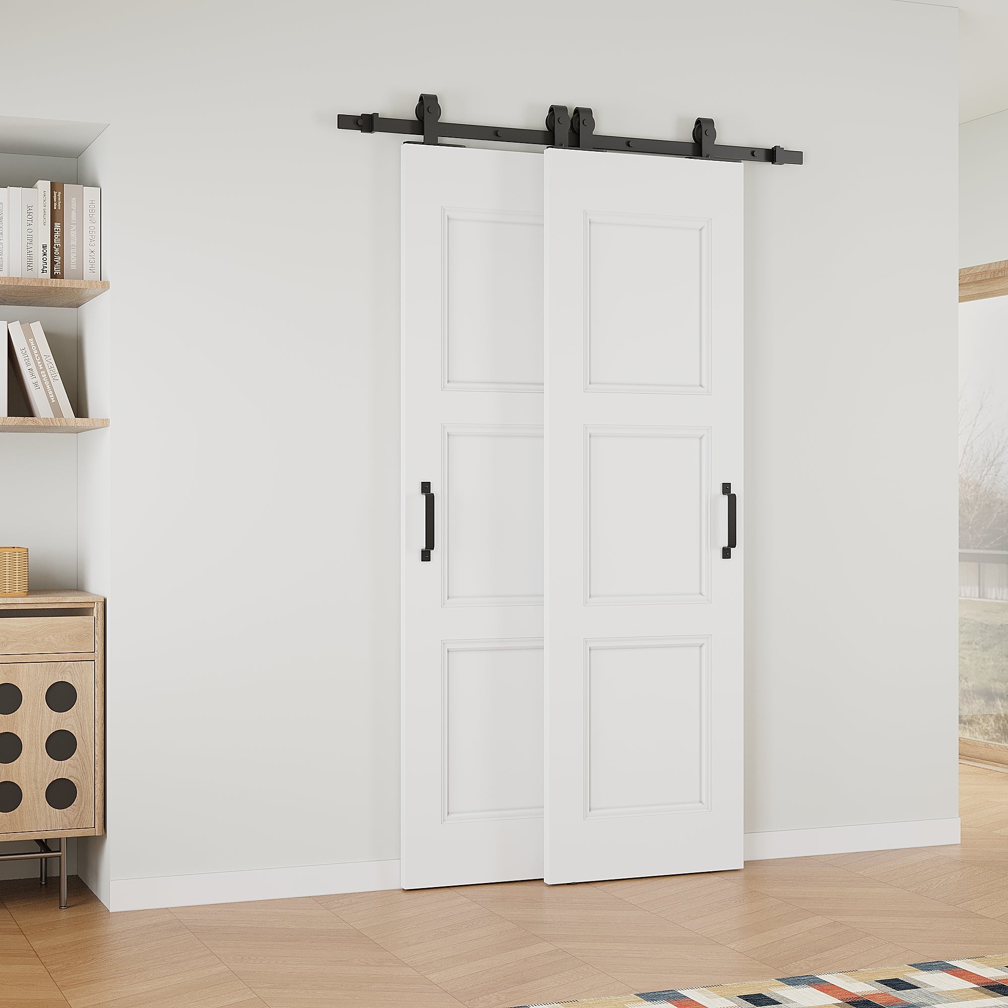 Ark Design Bypass Barn Door, 3-Panel Molded Doors, Solid Core MDF & Pre-finished & Paintable Surface, With Hardware Kit Bypass, White