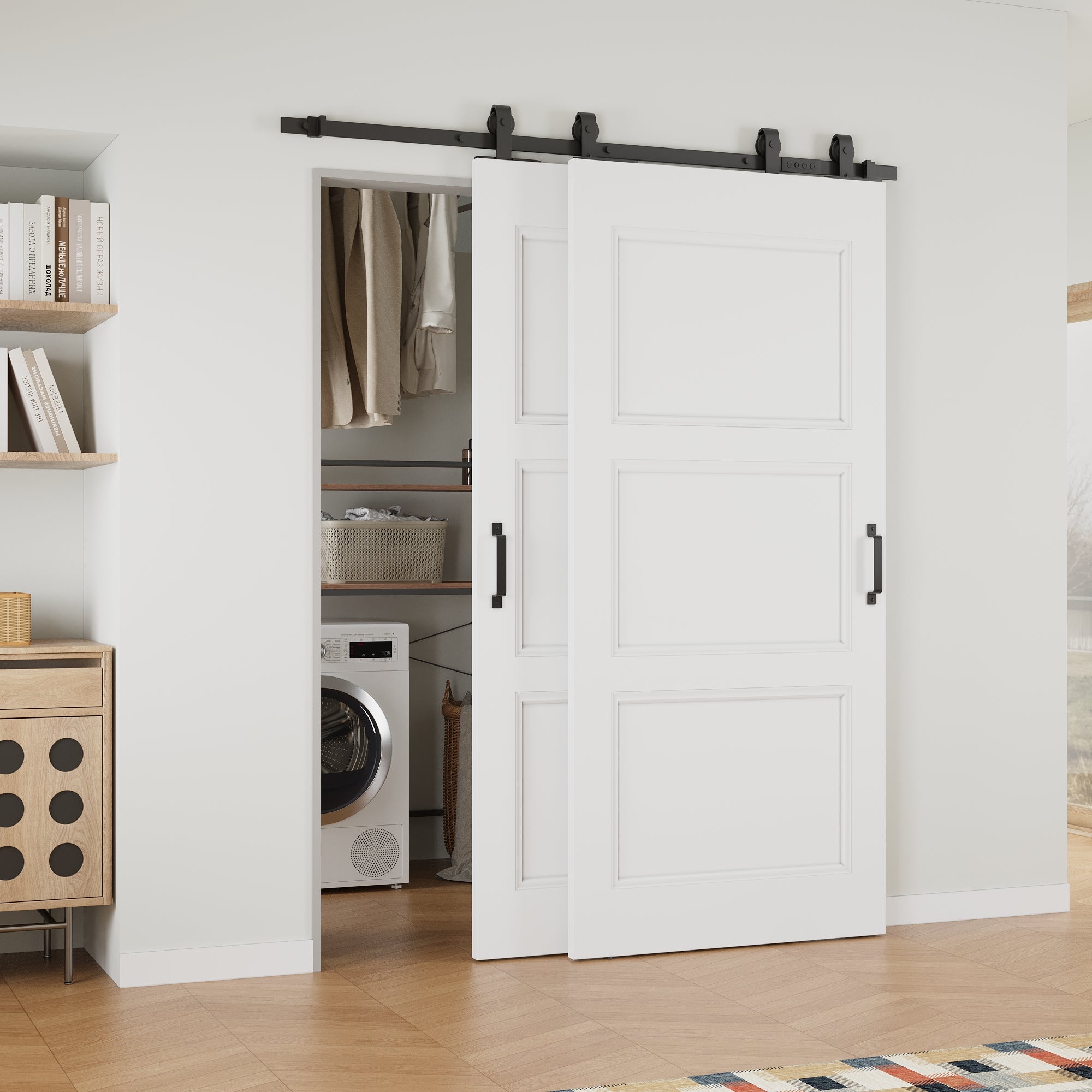 Ark Design Bypass Barn Door, 3-Panel Molded Doors, Solid Core MDF & Pre-finished & Paintable Surface, With Hardware Kit Bypass, White