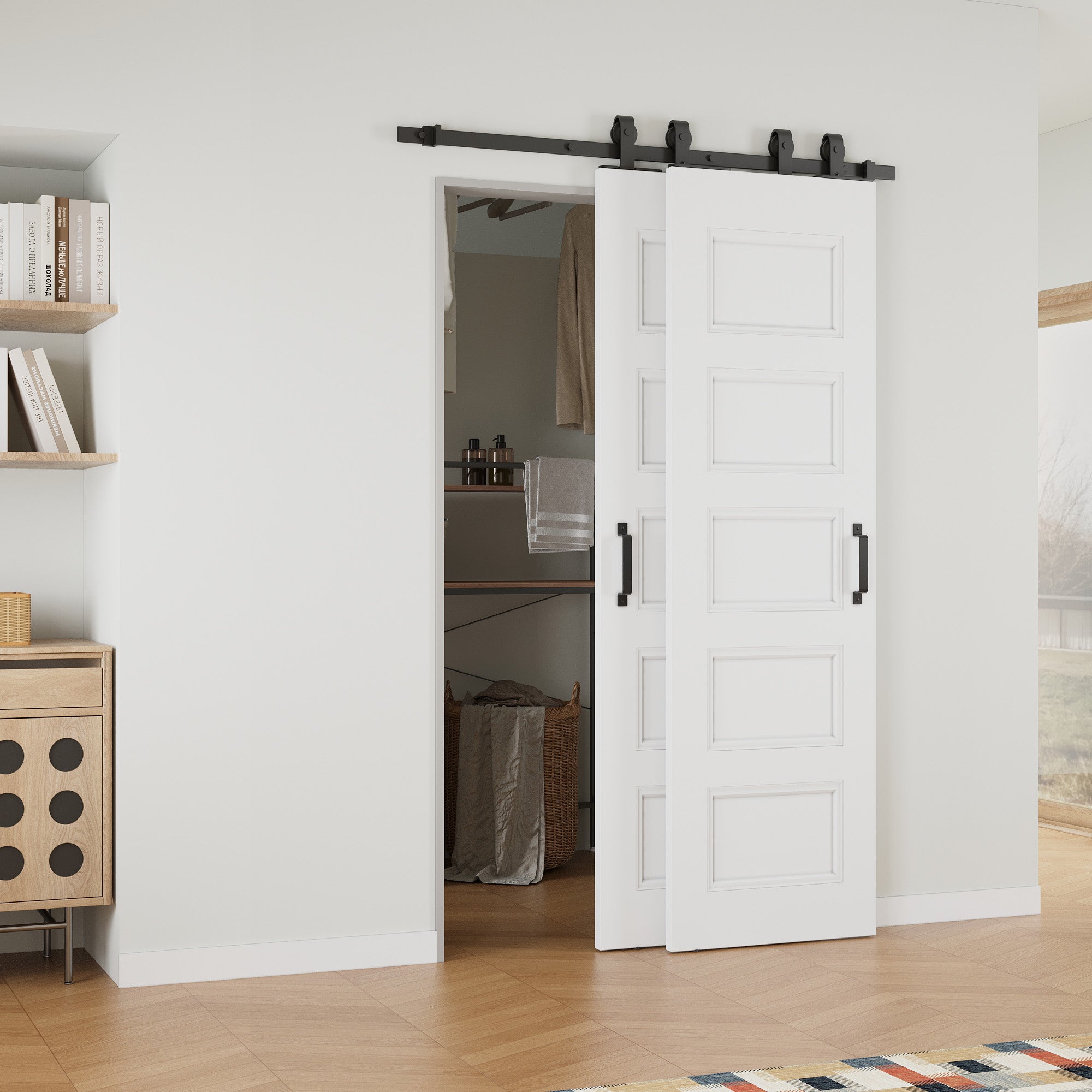 Ark Design Bypass Barn Door, 5-Panel Molded Doors, Solid Core MDF & Pre-finished & Paintable Surface, With Hardware Kit Bypass, White